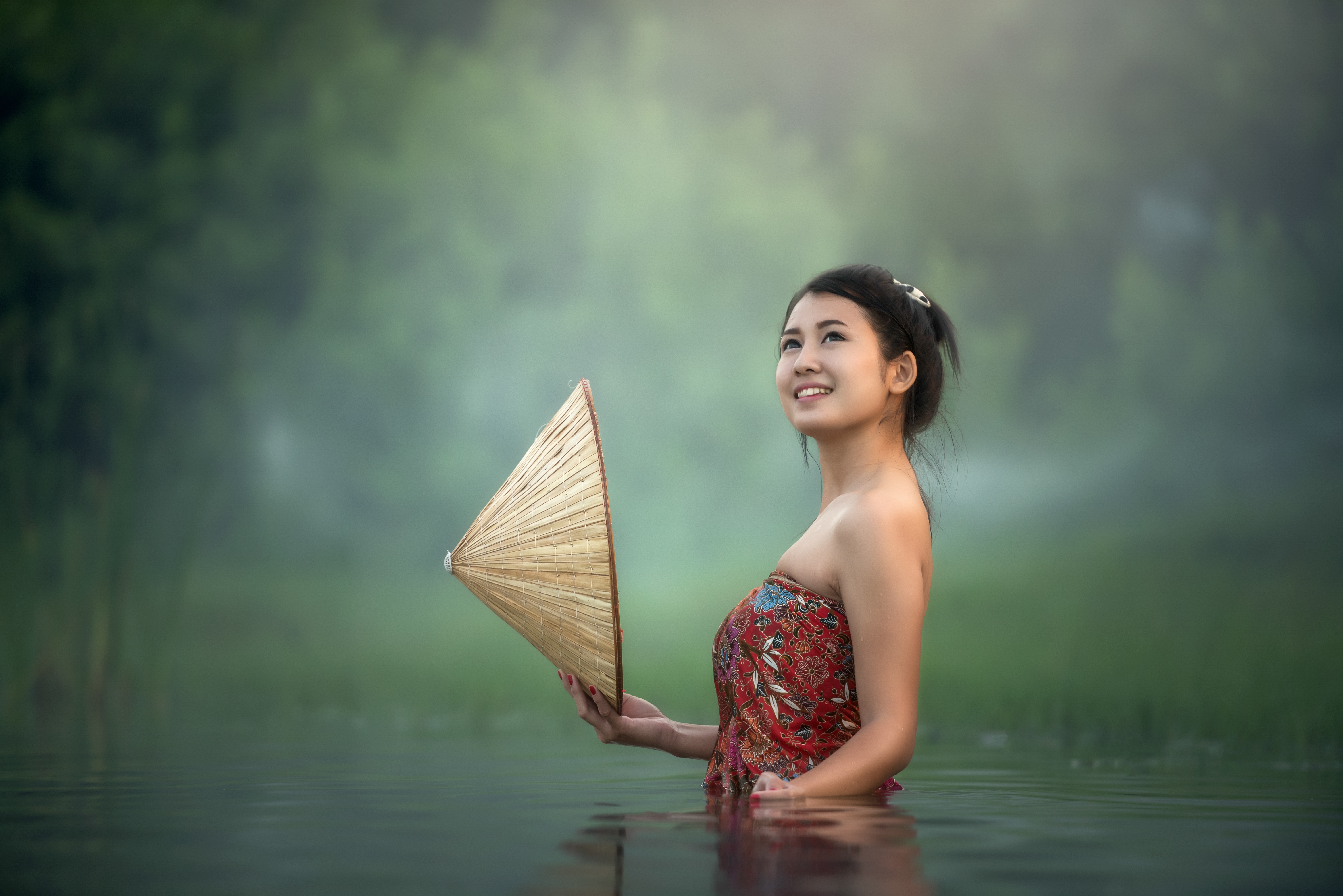 Asian Girl Wallpaper 4K, 5K, Teen, Lake, Pond, Bath time