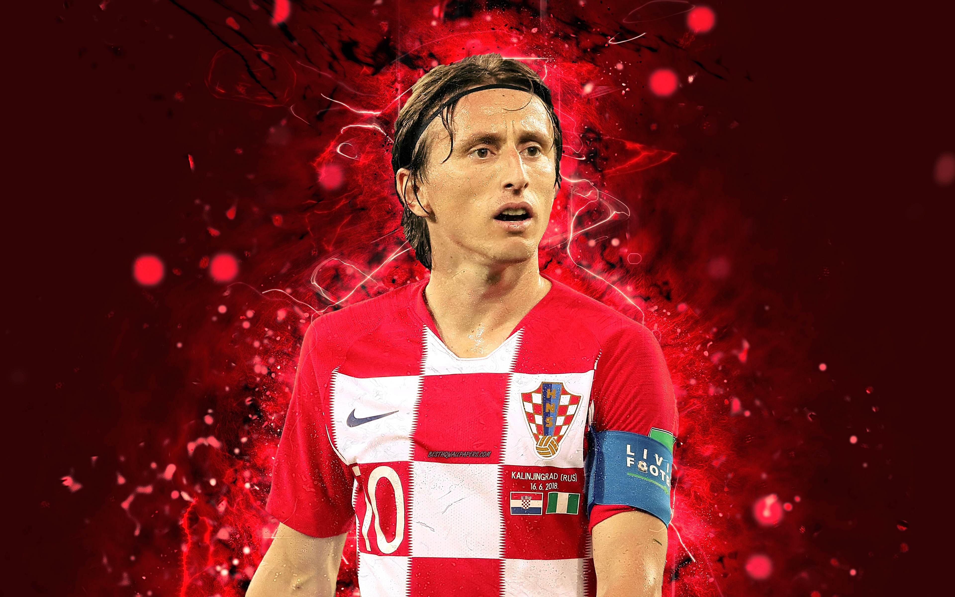 Download wallpaper 4k, Luka Modric, abstract art, Croatia National Team, fan art, Modric, soccer, footballers, neon lights, Croatian football team for desktop with resolution 3840x2400. High Quality HD picture wallpaper
