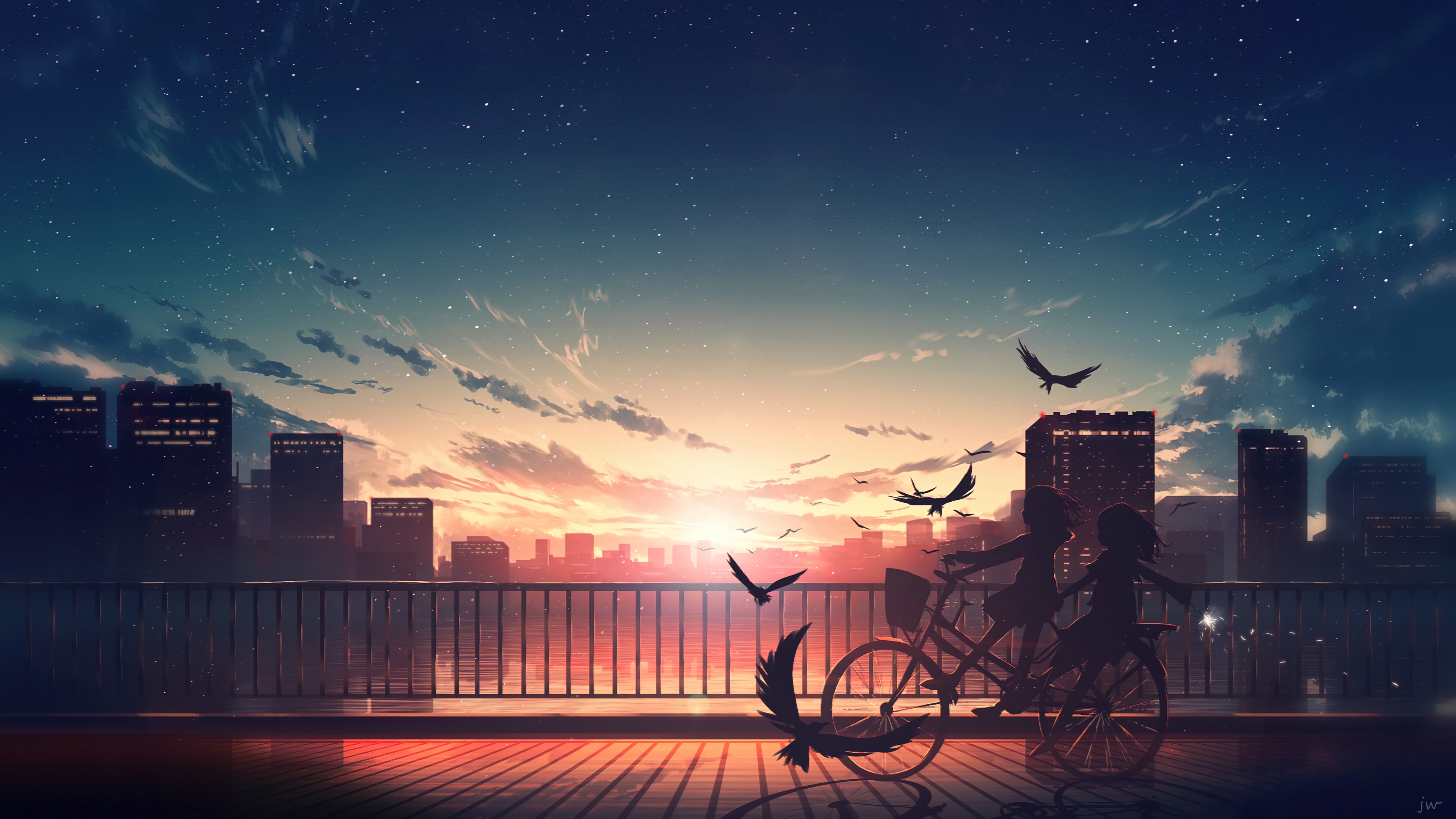 wallpaper, sunrise, scenery, anime, city, silhouette, 4k, HD Gallery HD Wallpaper