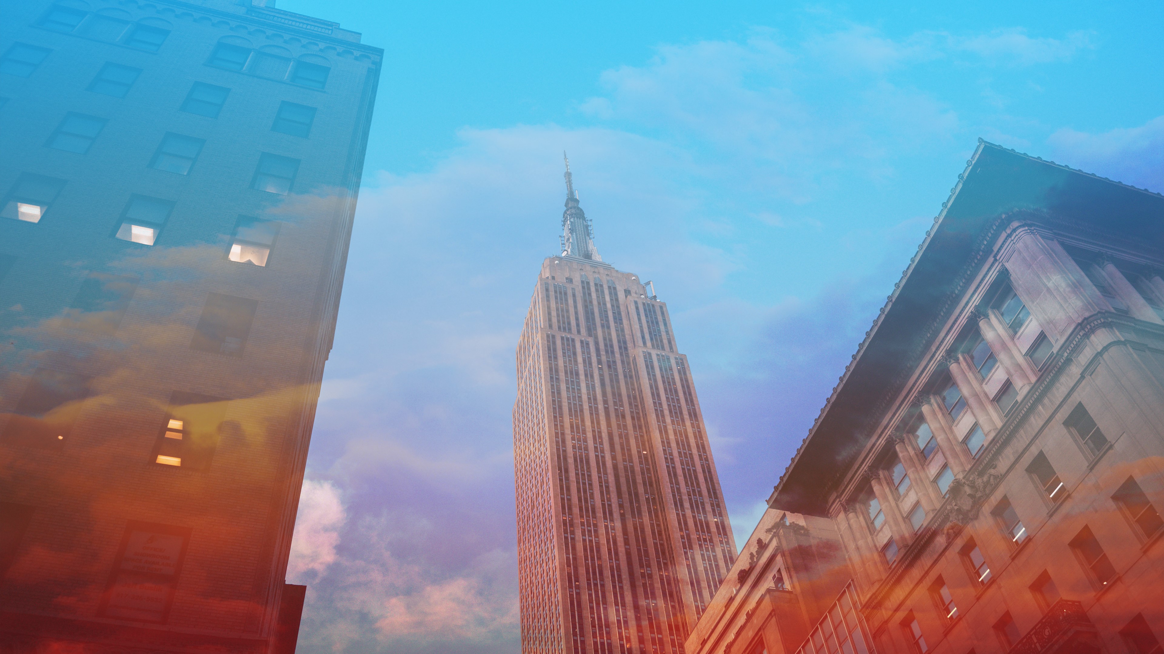 4K, Soft Gradient, Orange, Low Angle, Double Exposure, Cyan, Blue, Empire State Building, New York City, Photohop, Clouds, USA Gallery HD Wallpaper