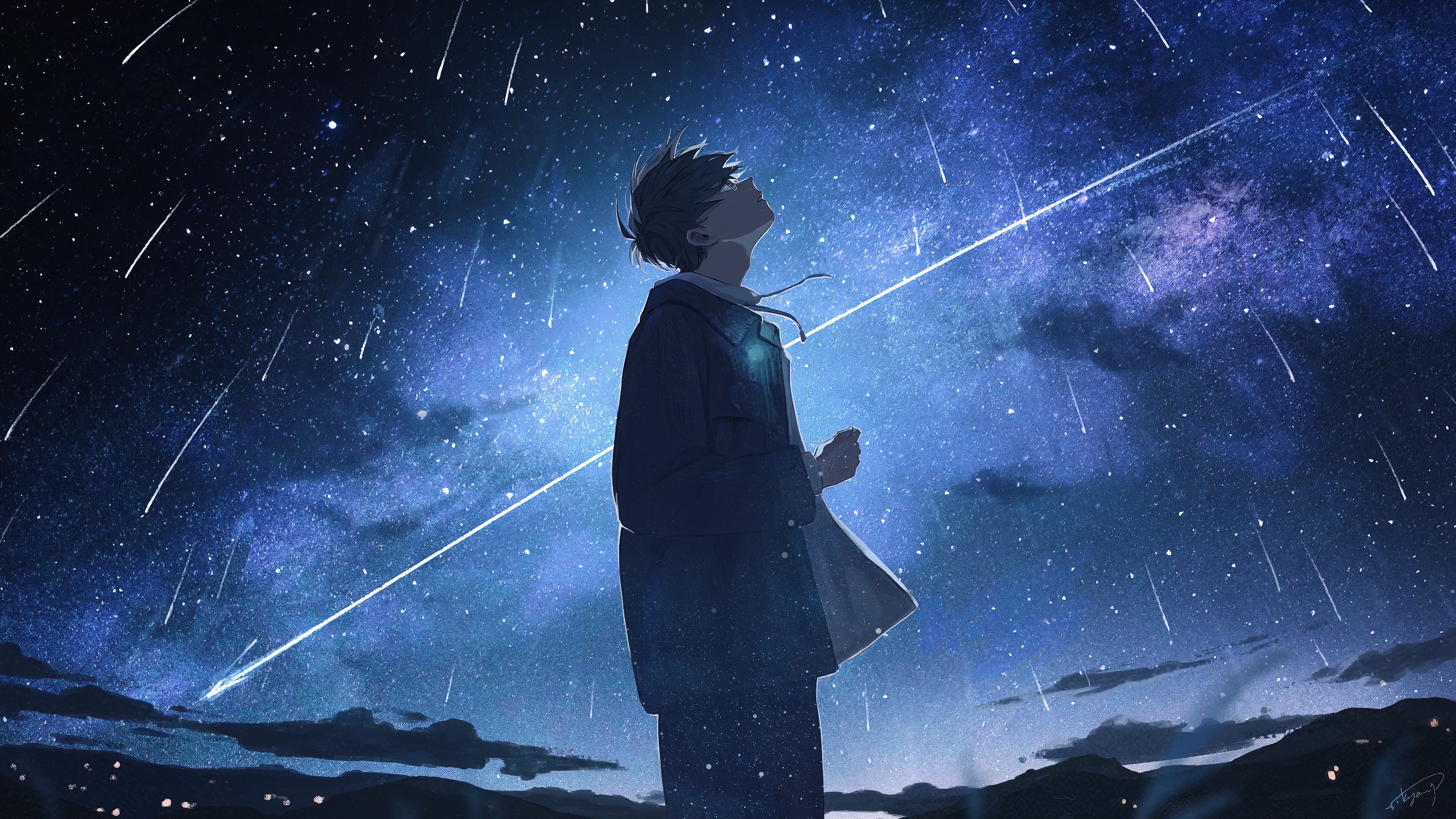 anime, boy, alone, night, stars, scenery, 4k Gallery HD Wallpaper