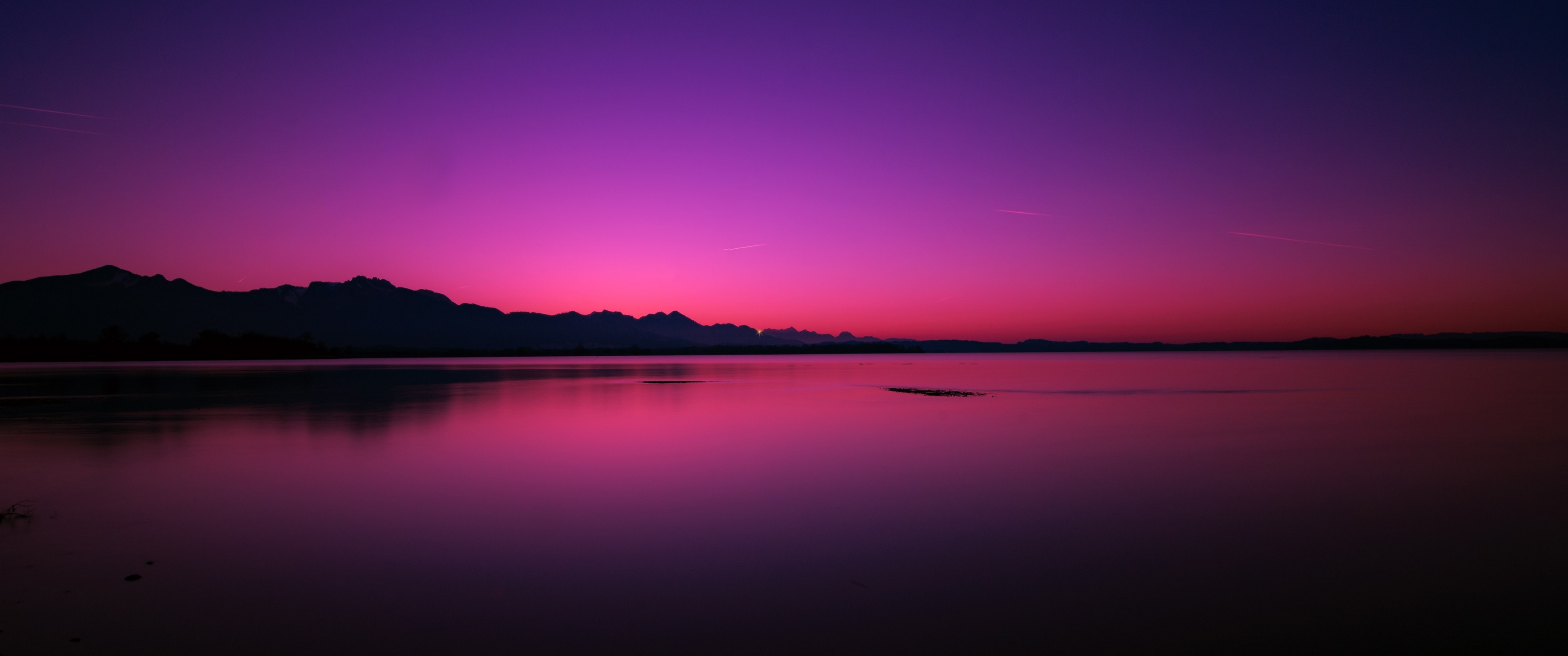 Sunset Wallpaper 4K, Lake, Dusk, Purple sky