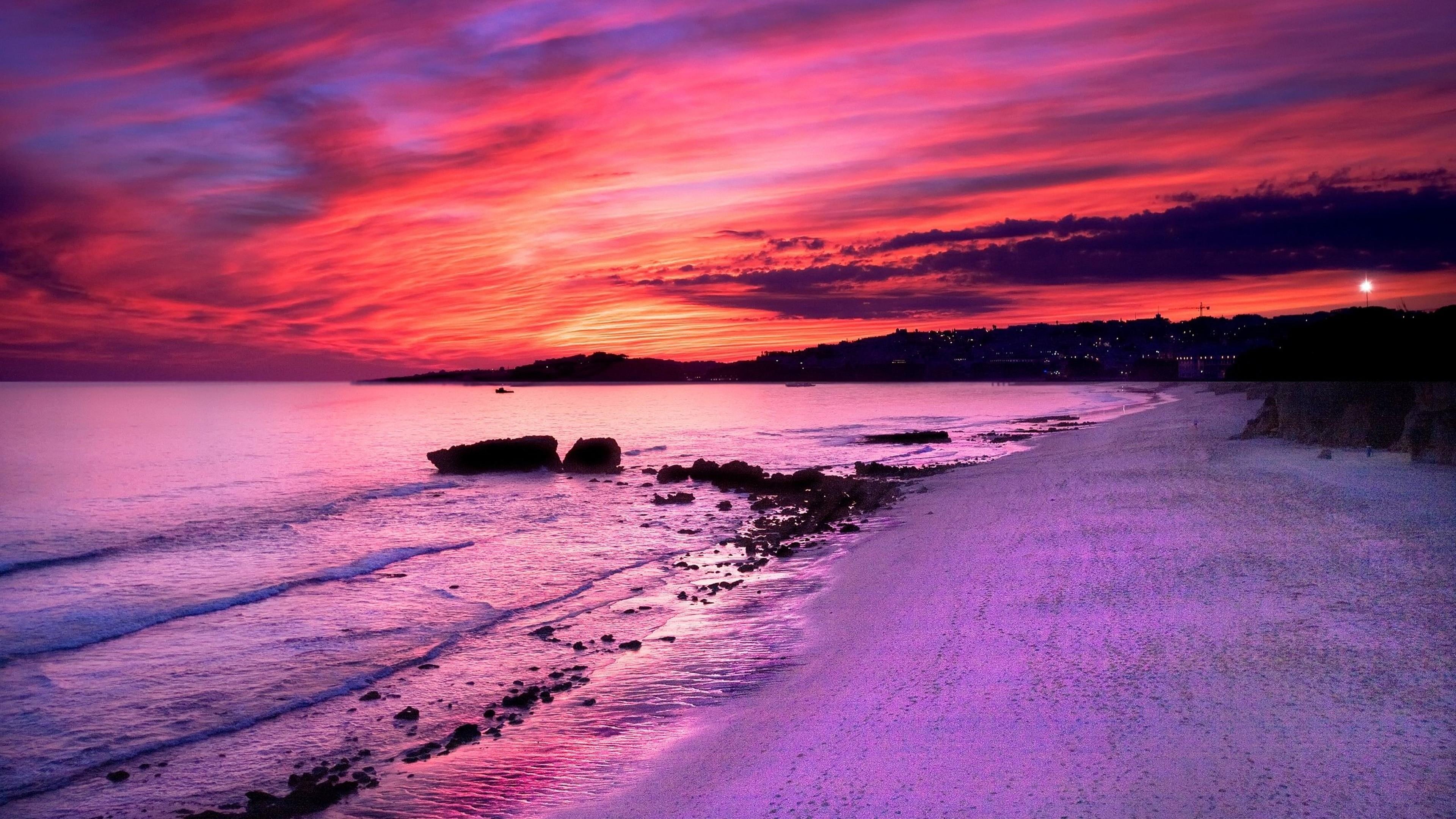 Wallpaper / sea, coast, evening, sunset, seashore, purple sunset, pink sky, shore, purple sky, sky, purple, 4K free download