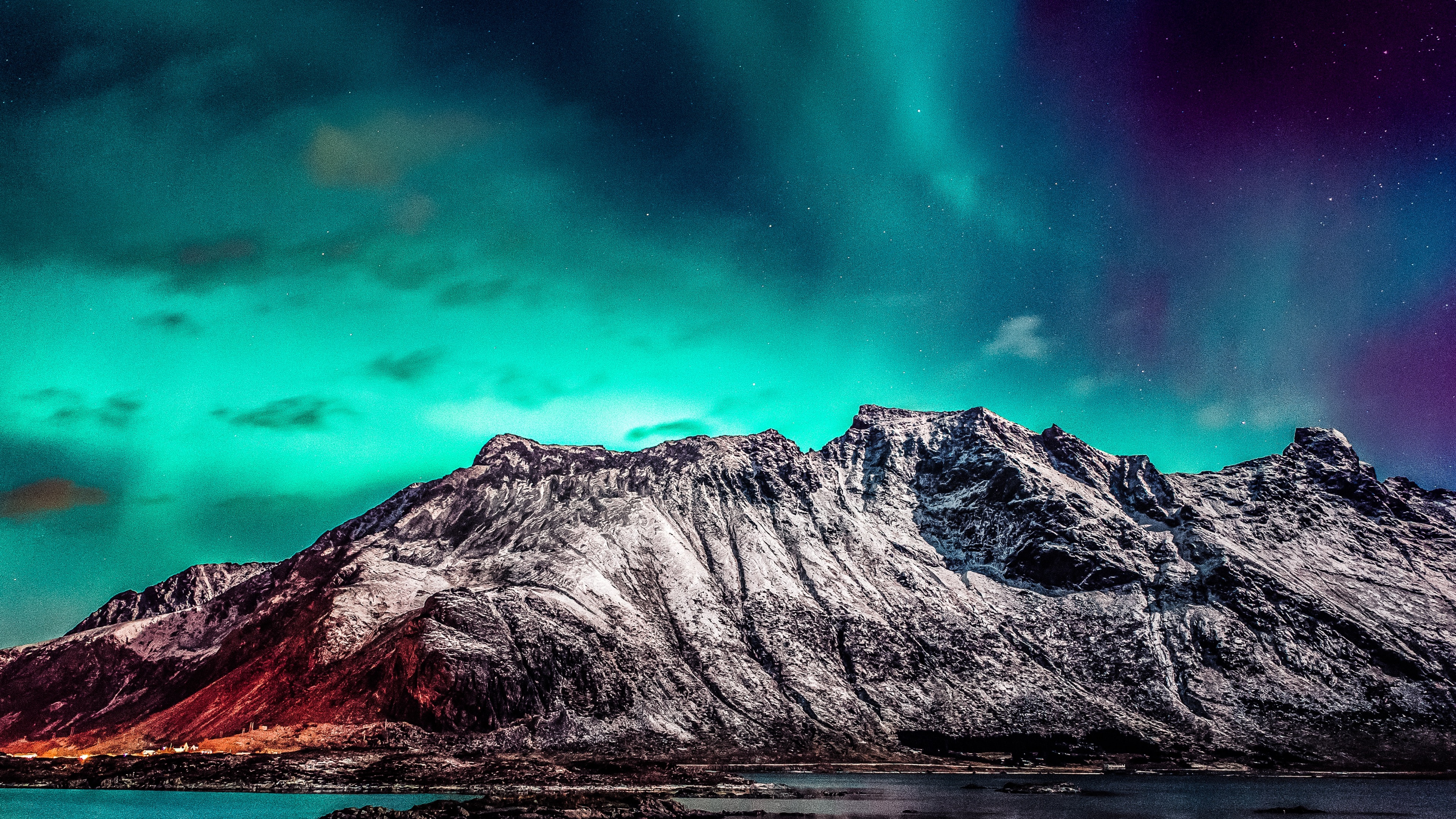 Nordic mountain range Wallpaper 4K, Aurora Borealis