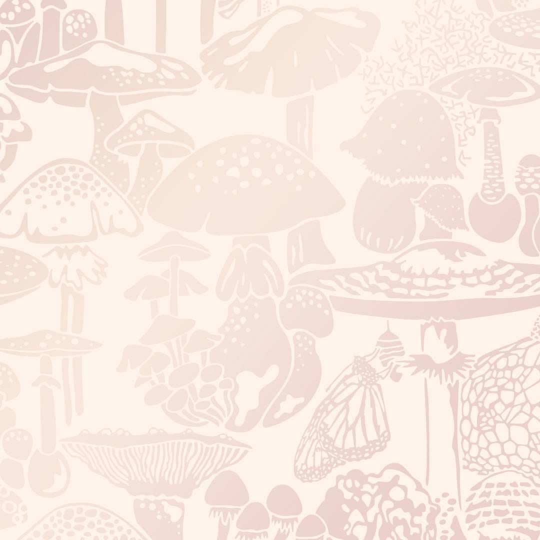 Mushroom City Designer Wallpaper in Daisy 'Pink and White' at 1stDibs. pink mushroom wallpaper, mushroom background aesthetic, aesthetic mushroom wallpaper