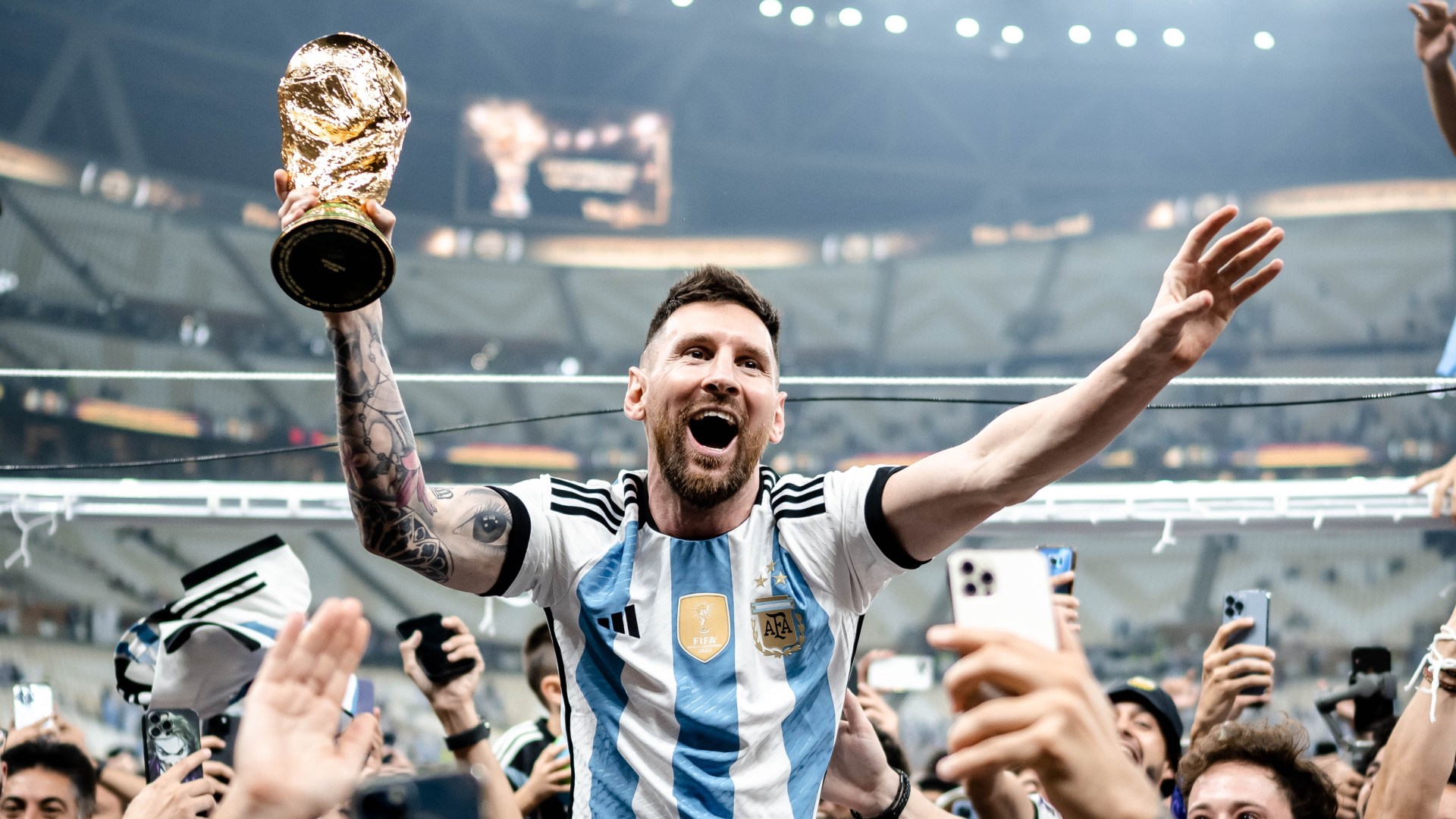 Fans spot Lionel Messi wore different shirt immediately after lifting World Cup following Argentina's win over France. The US Sun