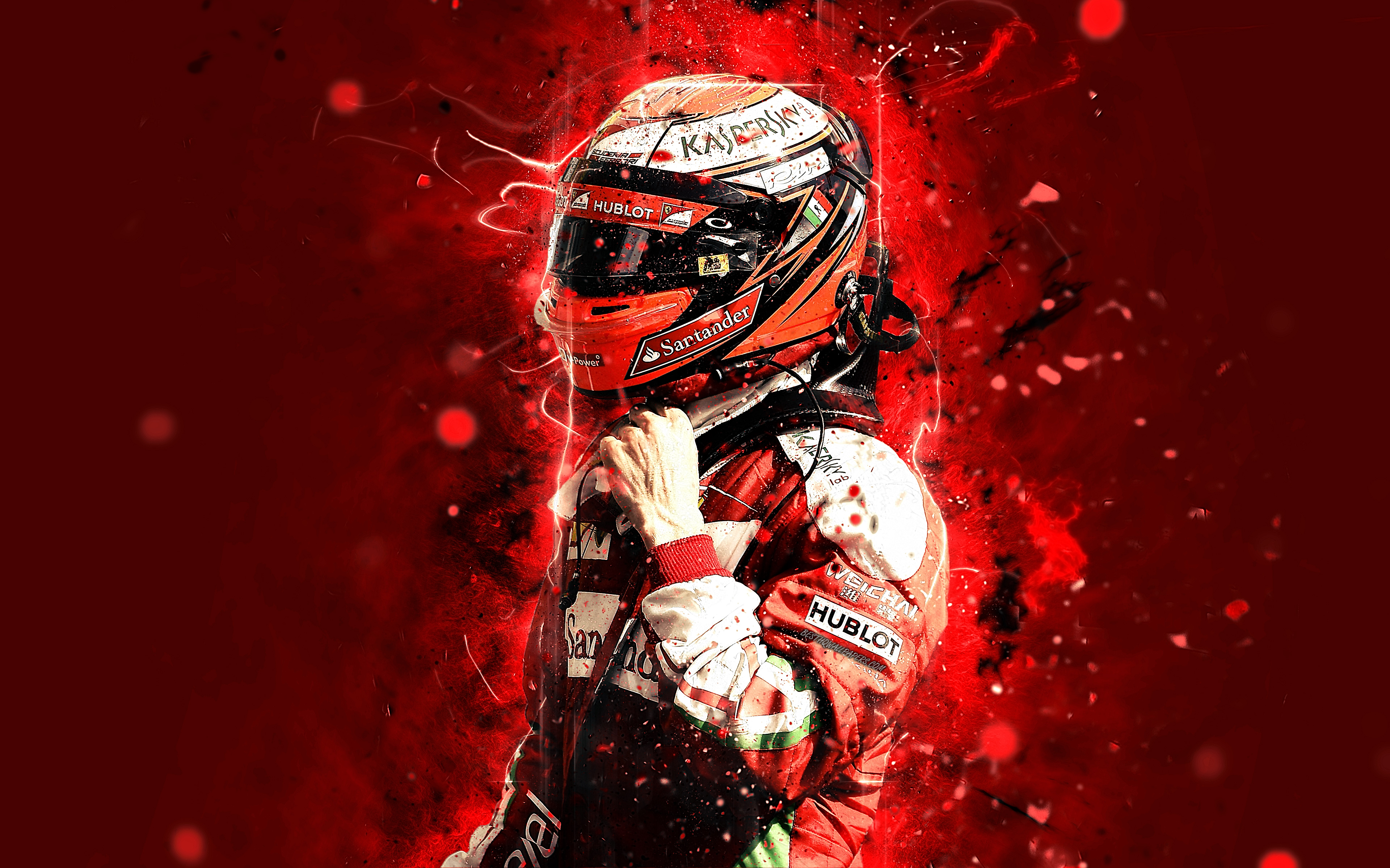 Download wallpaper 4k, Kimi Raikkonen, abstract art, Formula 1, F1, Ferrari 2018, Scuderia Ferrari, Raikkonen, neon lights, Formula One, Ferrari F1 for desktop with resolution 3840x2400. High Quality HD picture wallpaper