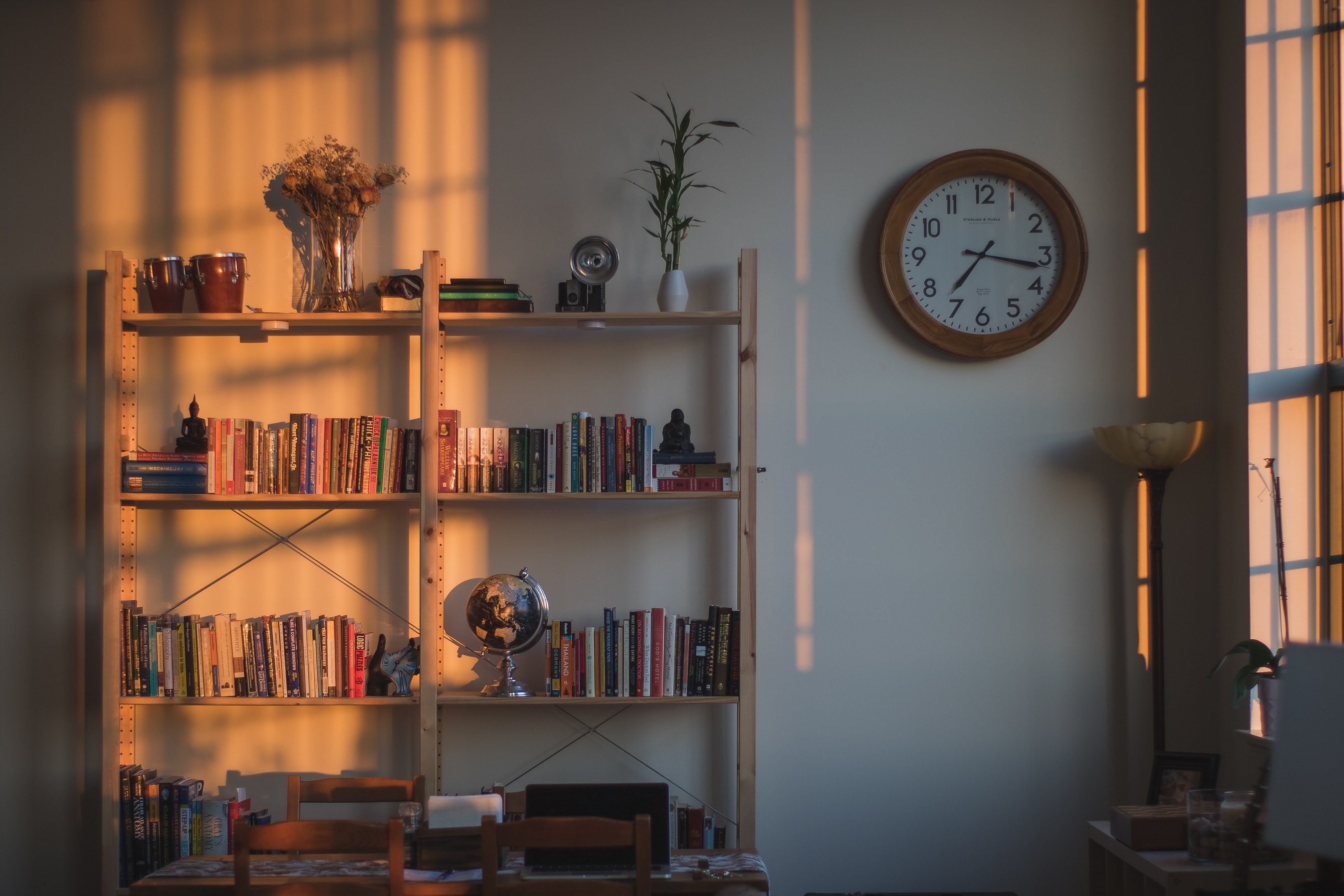 Wallpaper / bookshelf shelves wooden and house HD 4k wallpaper free download