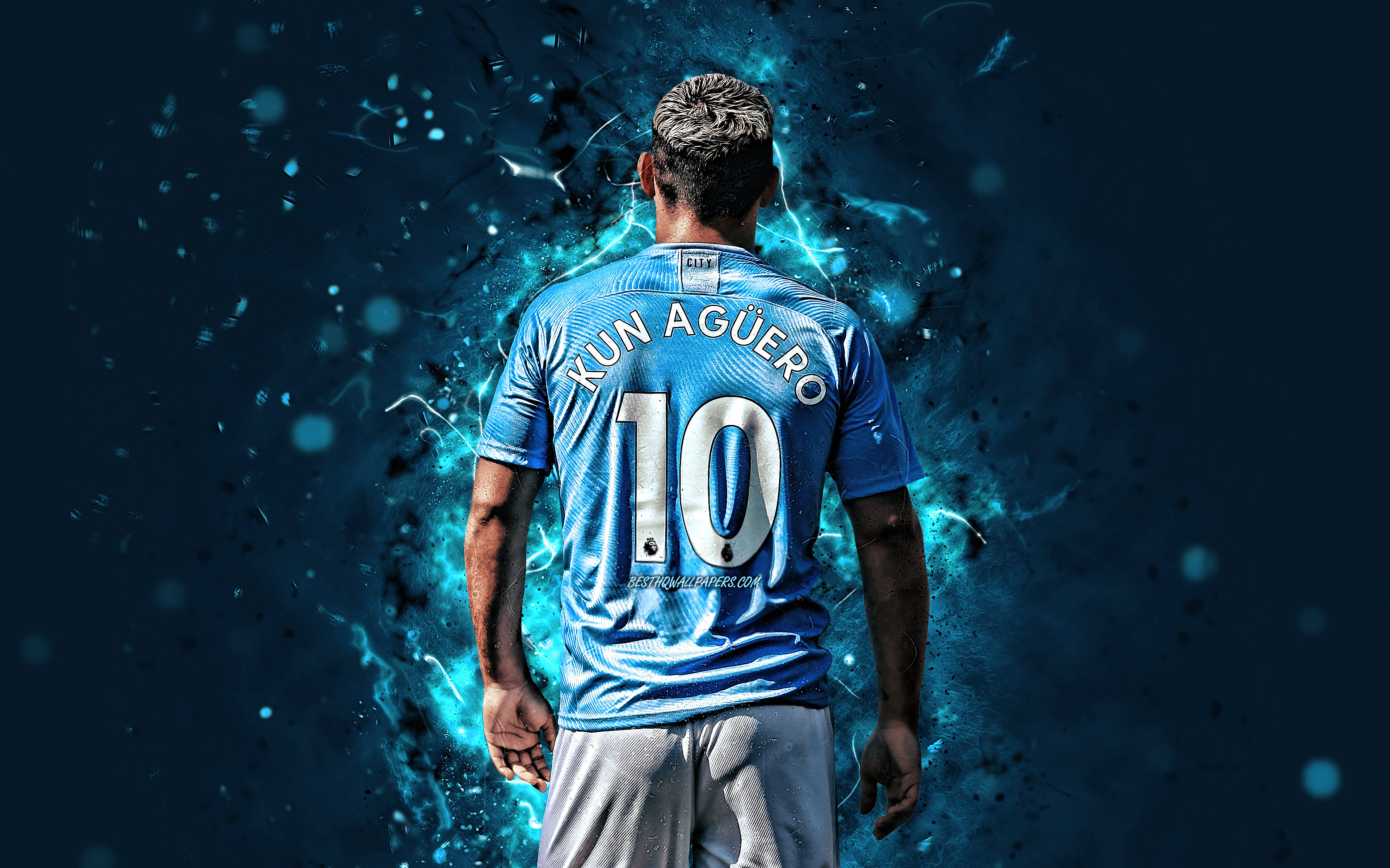 Download wallpaper Sergio Aguero, 4k, Argentine footballers, back view, Manchester City FC, neon lights, Sergio Leonel Aguero, soccer, Kun Aguero, Premier League, football, Man City for desktop with resolution 3840x2400. High Quality