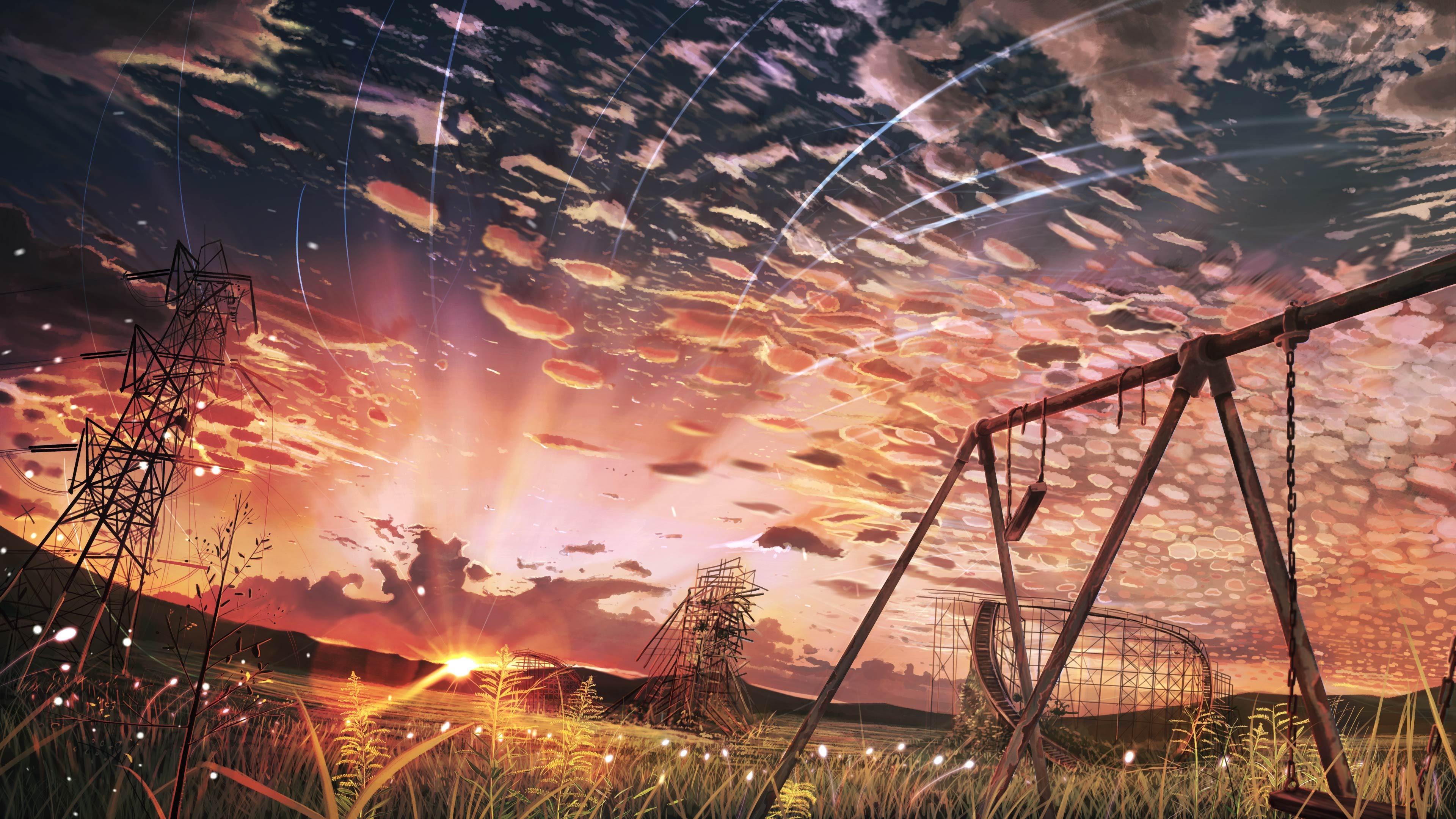 Wallpaper Sunset, grass, swing, sky, clouds, power line, anime 3840x2160 UHD 4K Picture, Image