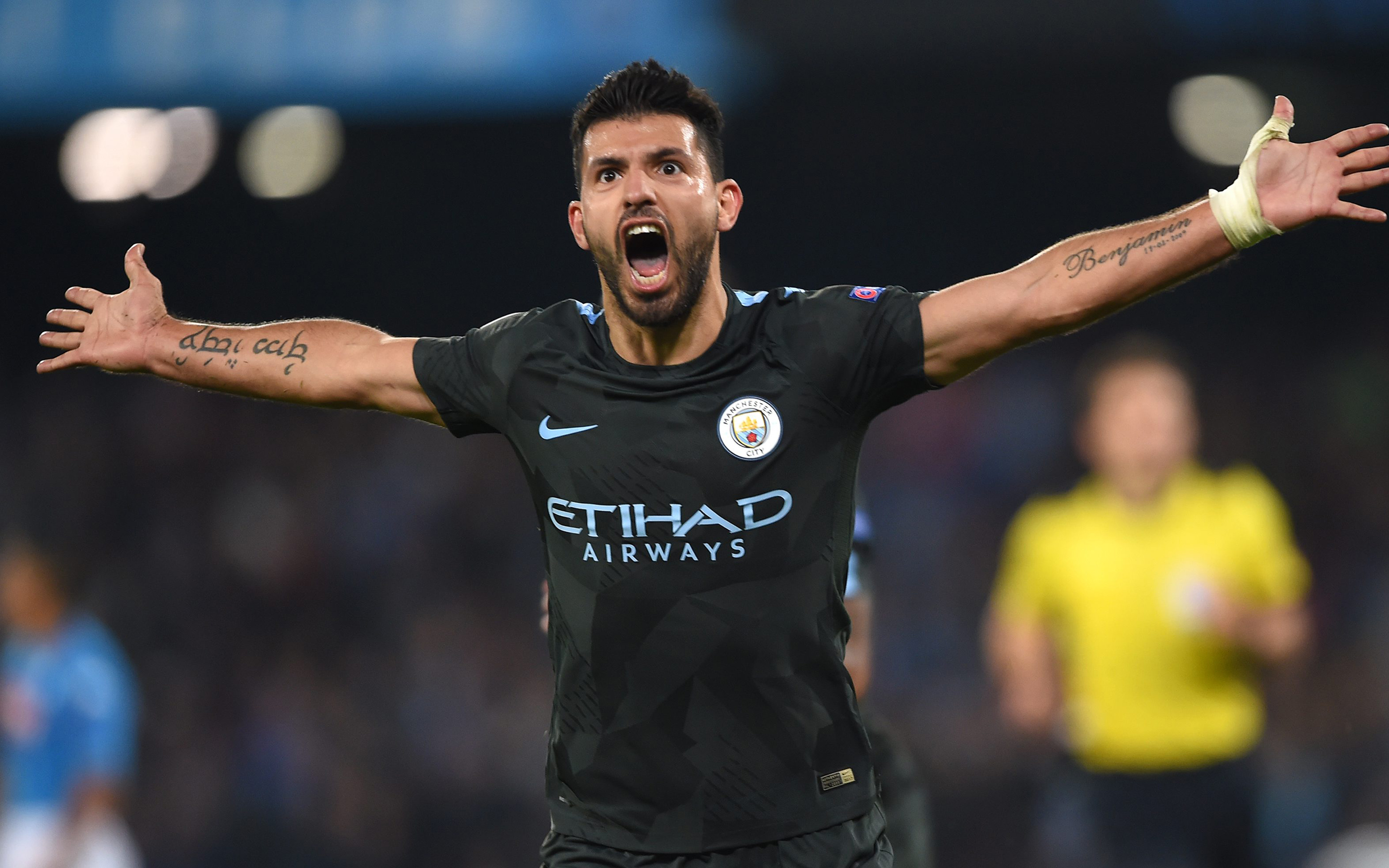 Download wallpaper 4k, Sergio Aguero, goal, football stars, Man City, soccer, joy, Manchester City, Premier League for desktop with resolution 3840x2400. High Quality HD picture wallpaper
