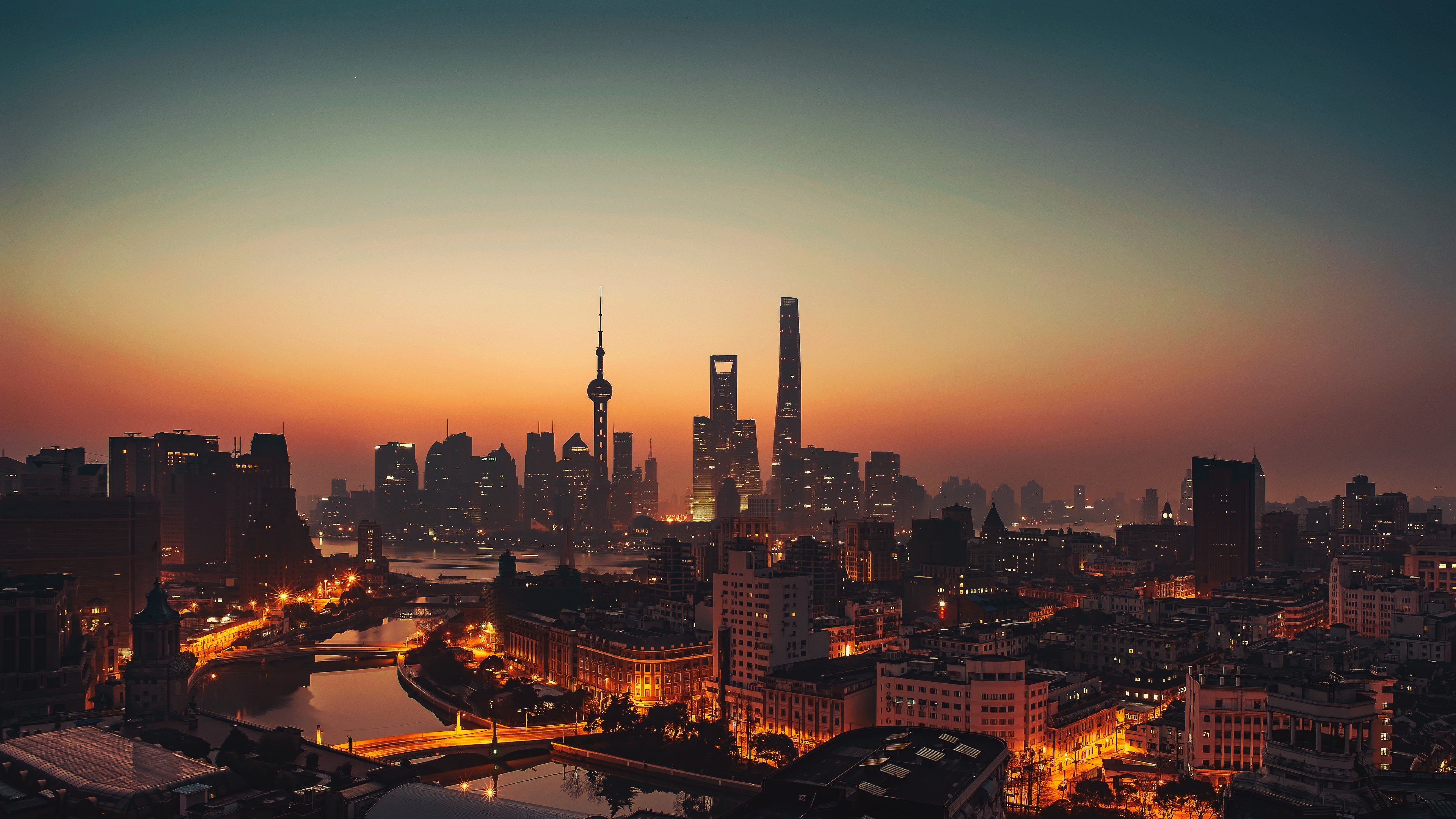 4K, city lights, sunset, sunlight, Shanghai, city, architecture, cityscape, skyscraper, photography, orange sky Gallery HD Wallpaper