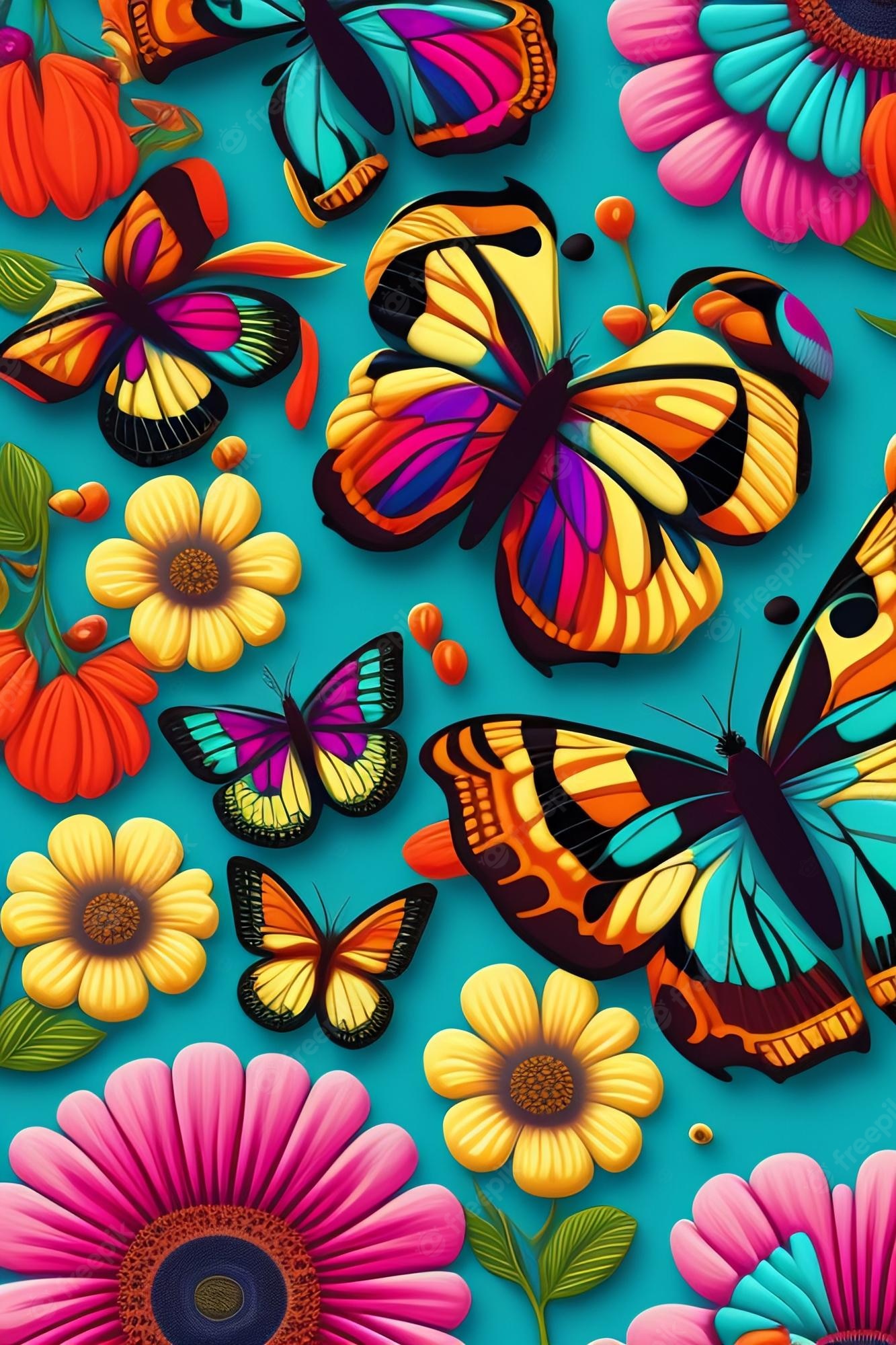 Premium Photo. A colorful butterfly wallpaper with a butterfly and flowers