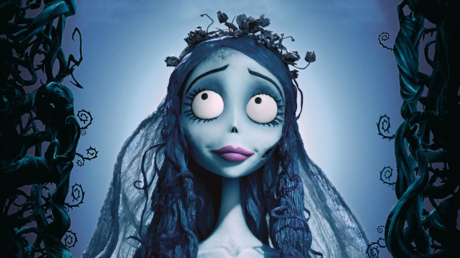 Wallpaper, illustration, blue, animated movies, head, Tim Burton, Corpse Bride, ART, color, darkness, costume, screenshot, goth subculture 1920x1080