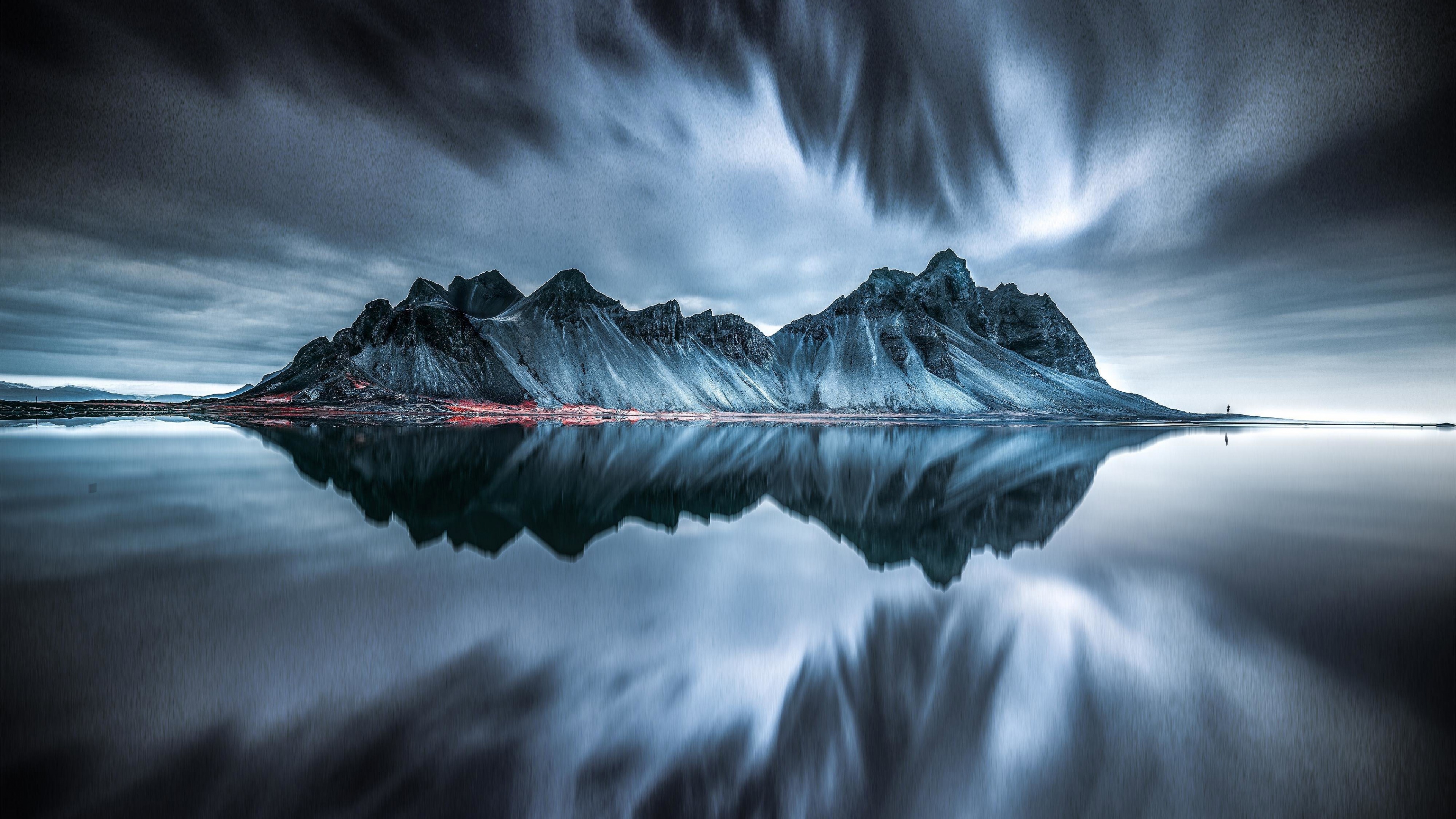 Vestrahorn mountain Wallpaper 4K, Evening, Cold, Reflection