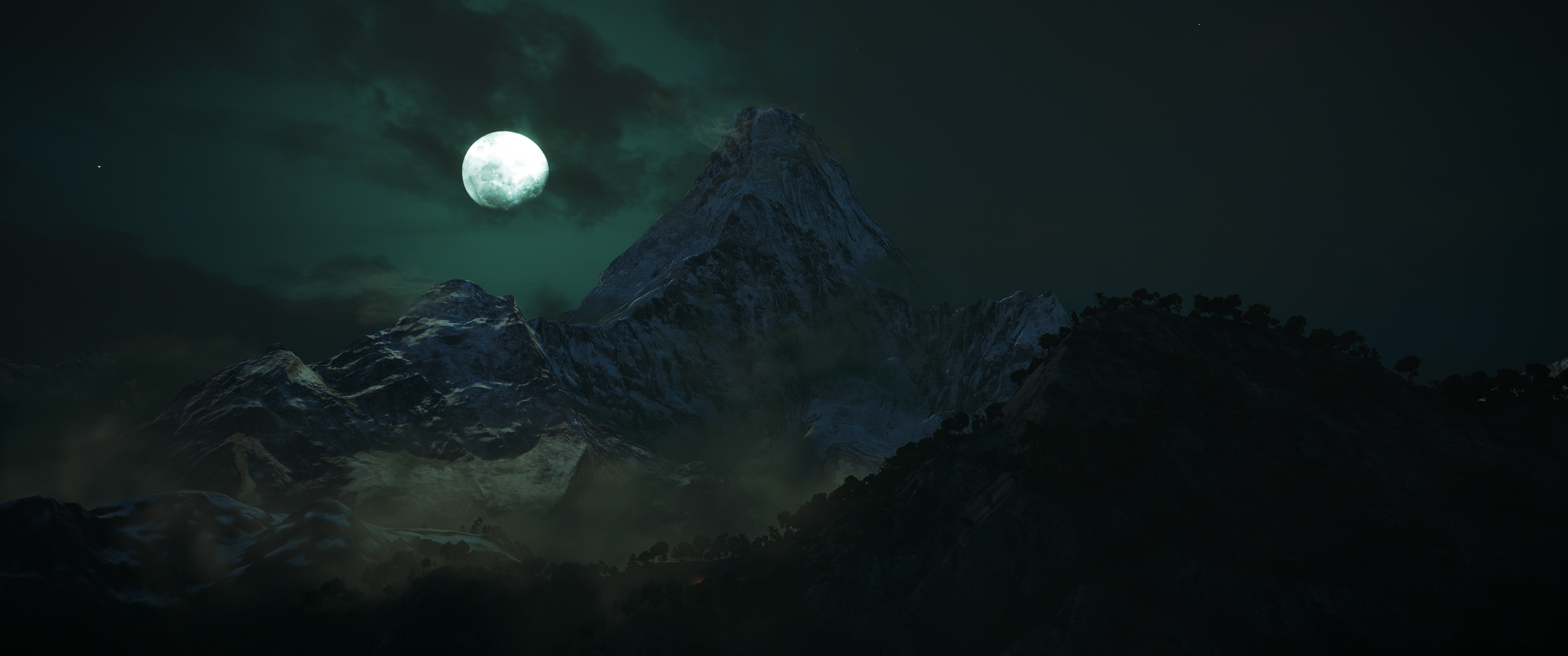 Night Wallpaper 4K, Moon, Mountains, Dark, Forest