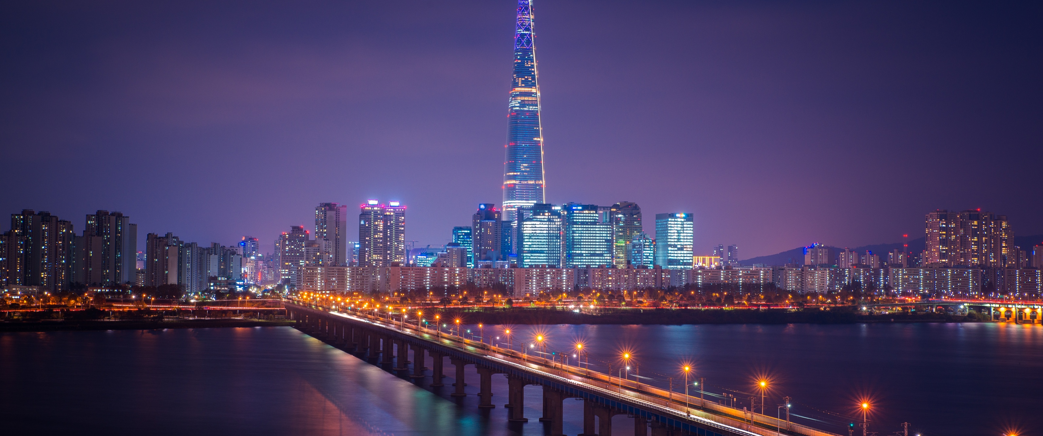 Lotte Tower Wallpaper 4K, Seoul, Cityscape, Bridge, Night
