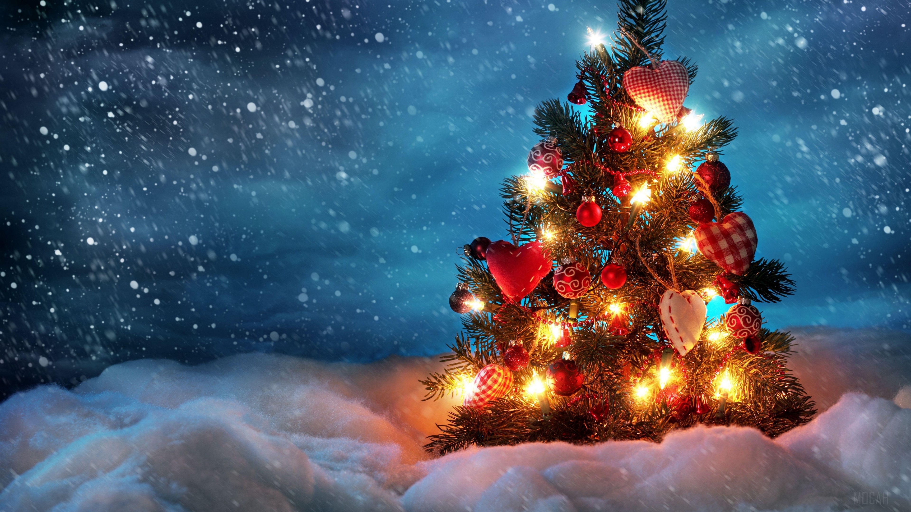 tree, new year, christmas, snow, holiday, night, garland 4k Gallery HD Wallpaper