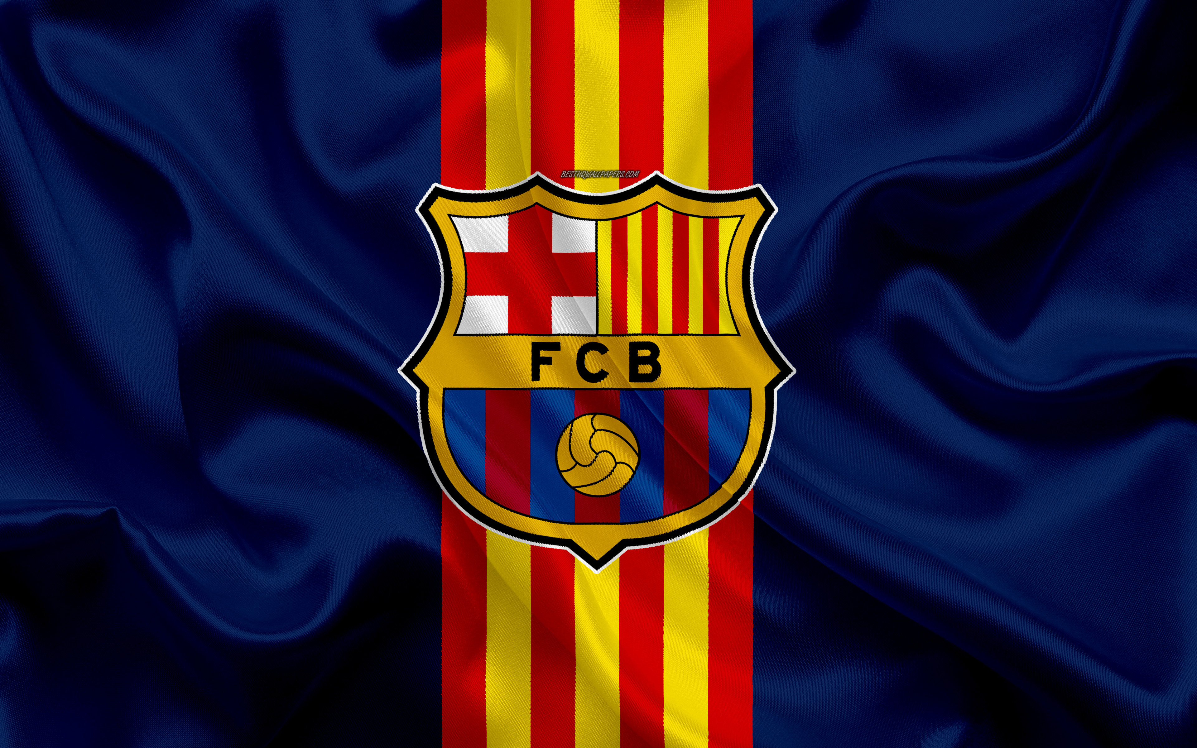 Download wallpaper FC Barcelona, 4k, Catalan football club, blue flag, silk texture, colors of Catalonia, emblem, logo, La Liga, Spain for desktop with resolution 3840x2400. High Quality HD picture wallpaper