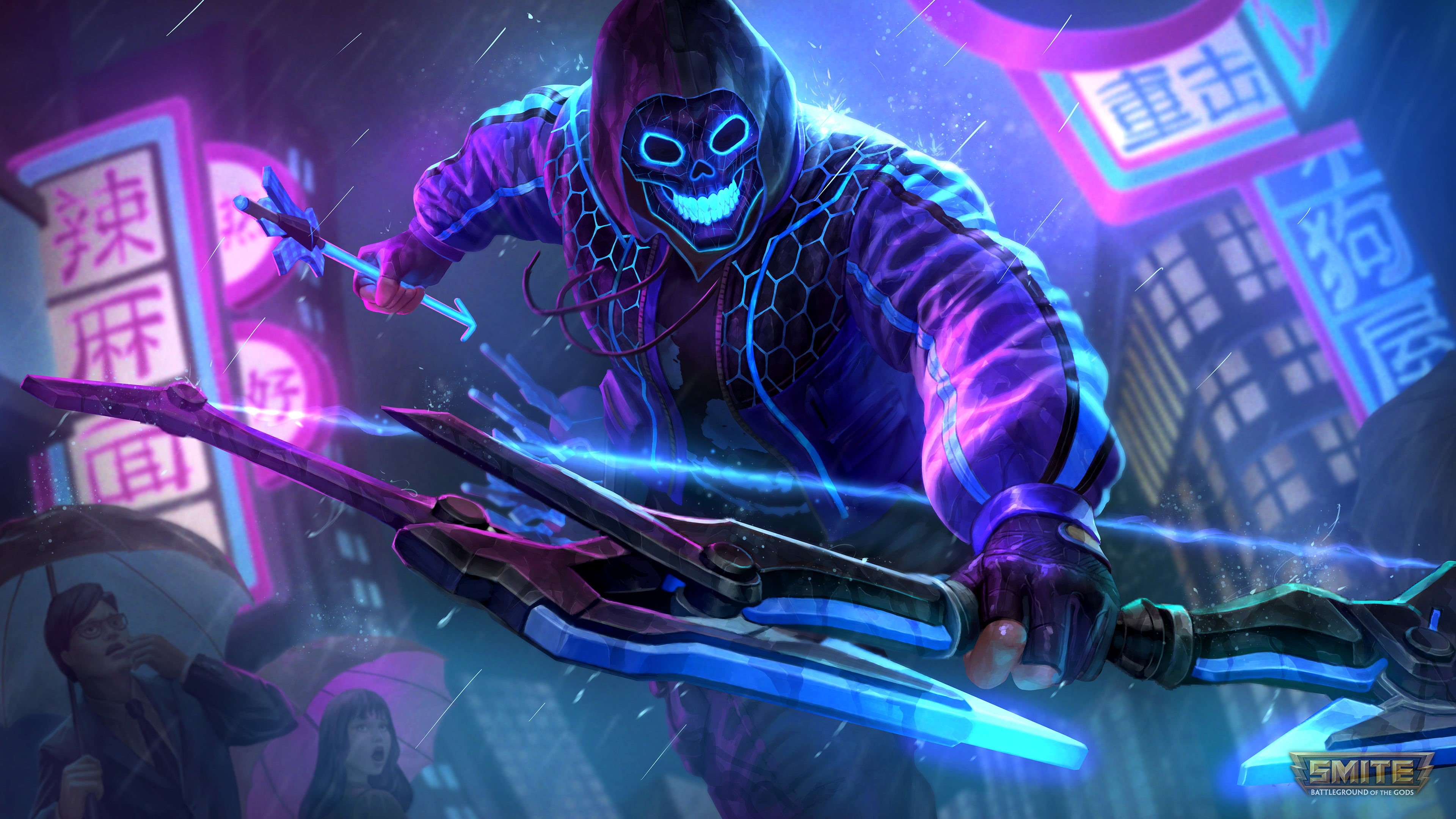 Wallpaper / China, skin, Fortnite, blue, pink, neon, retro, pickaxes, skull, 4K free download