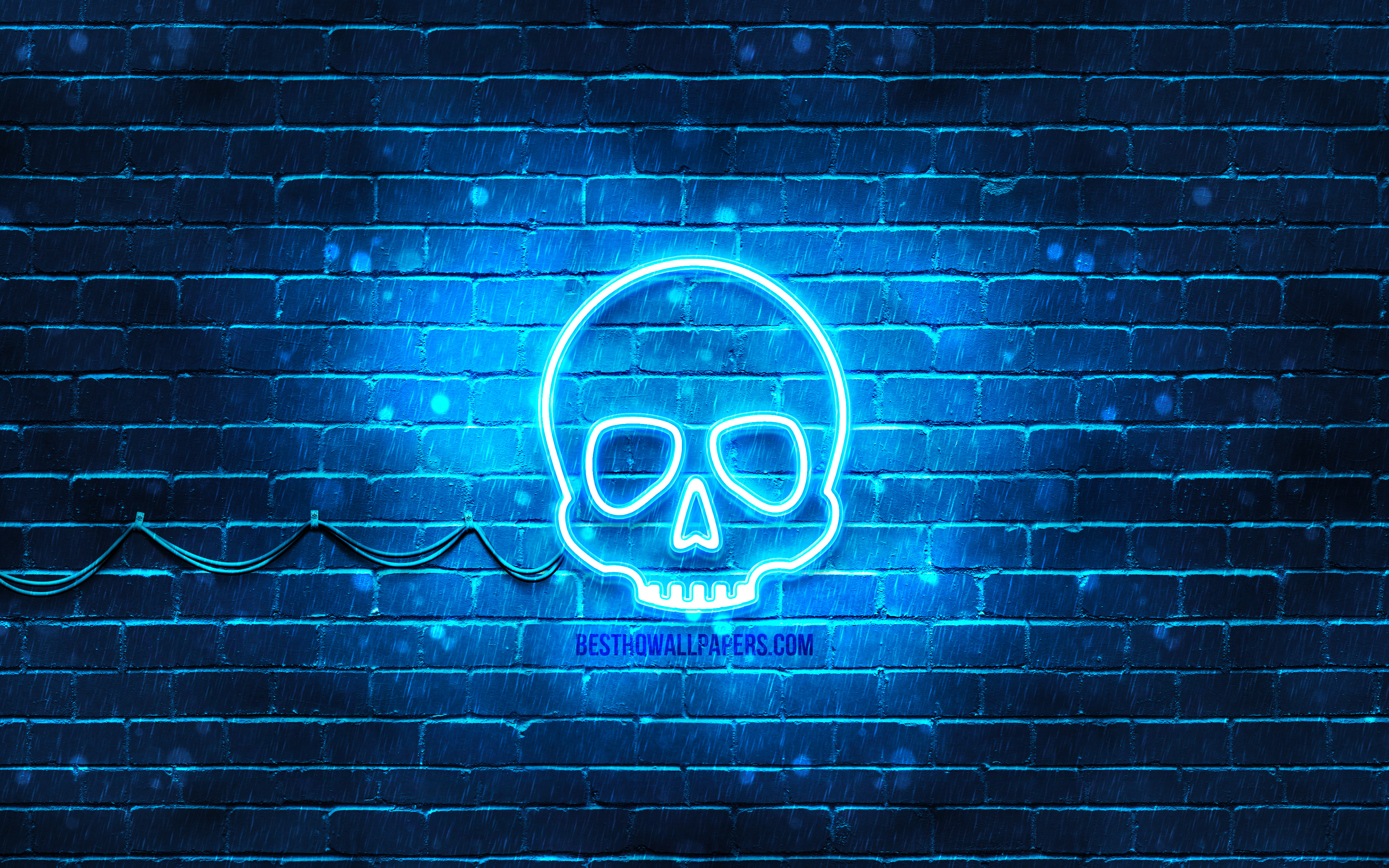 Download wallpaper Skull neon icon, 4k, blue background, neon symbols, Skull, neon icons, Skull sign, people signs, Skull icon, people icons for desktop with resolution 3840x2400. High Quality HD picture wallpaper