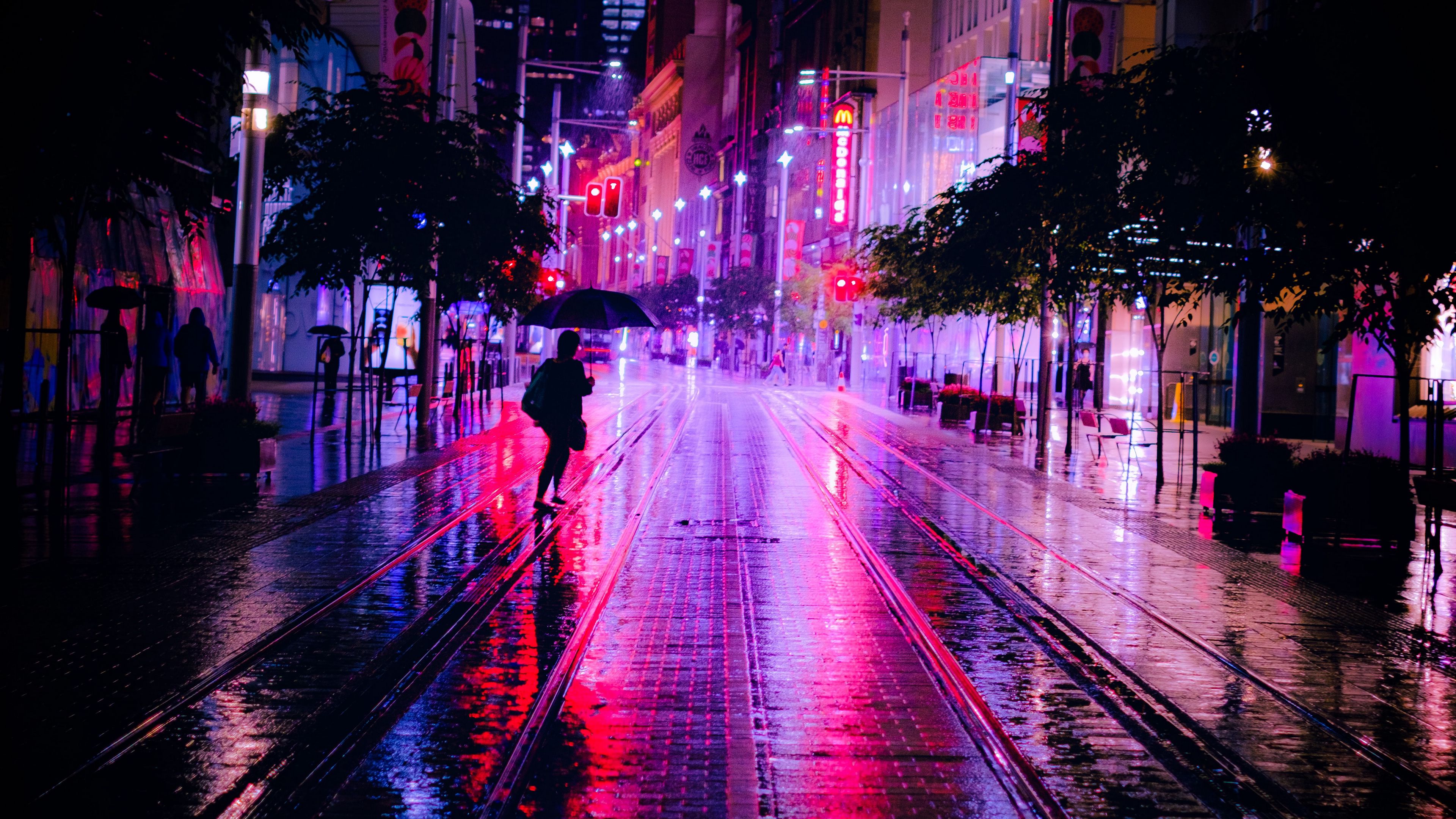 Download wallpaper 3840x2160 street, night, silhouettes, neon, dark 4k uhd 16:9 HD background