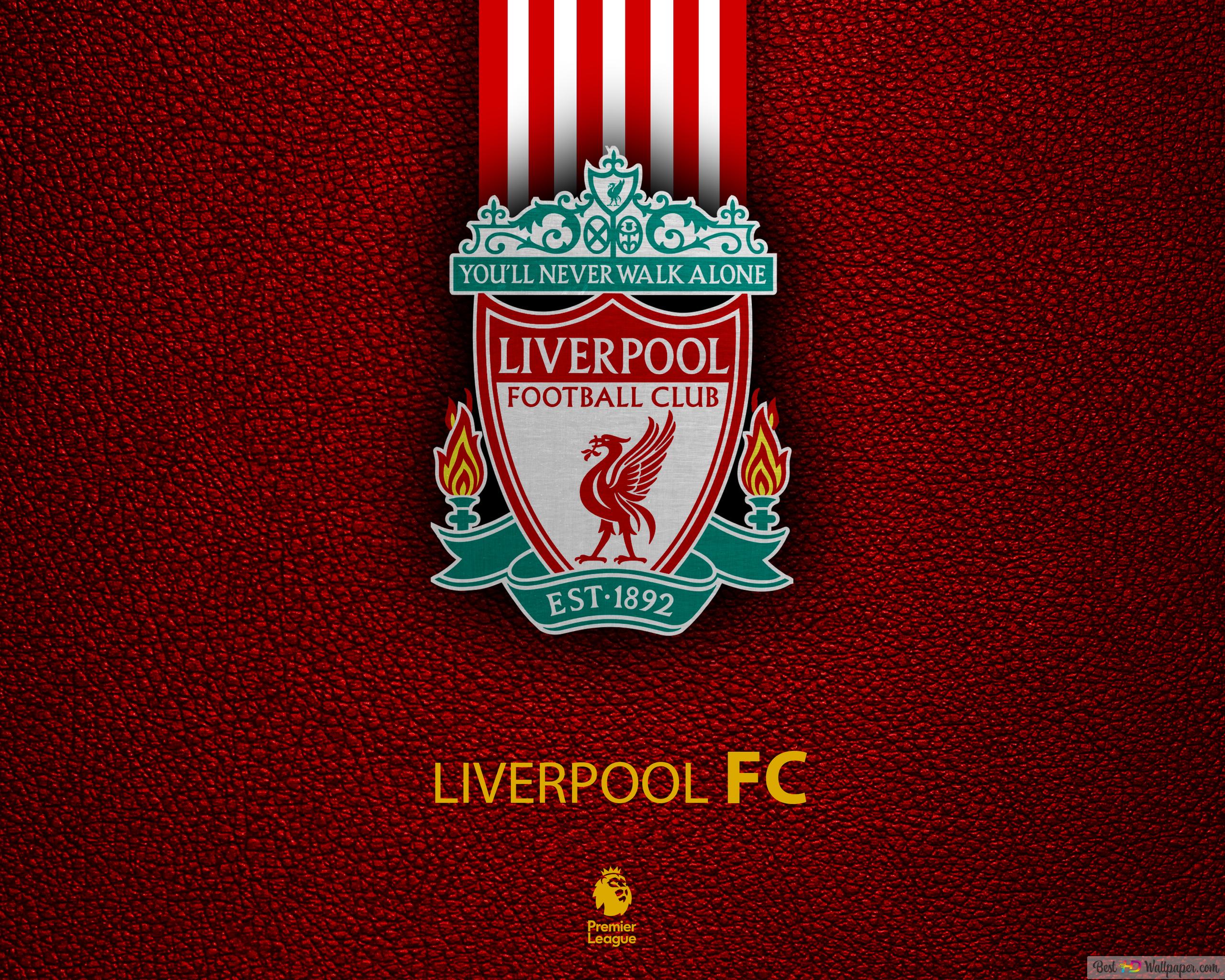 Logo of Liverpool football club, one of the English Premier League teams, on a burgundy background 4K wallpaper download