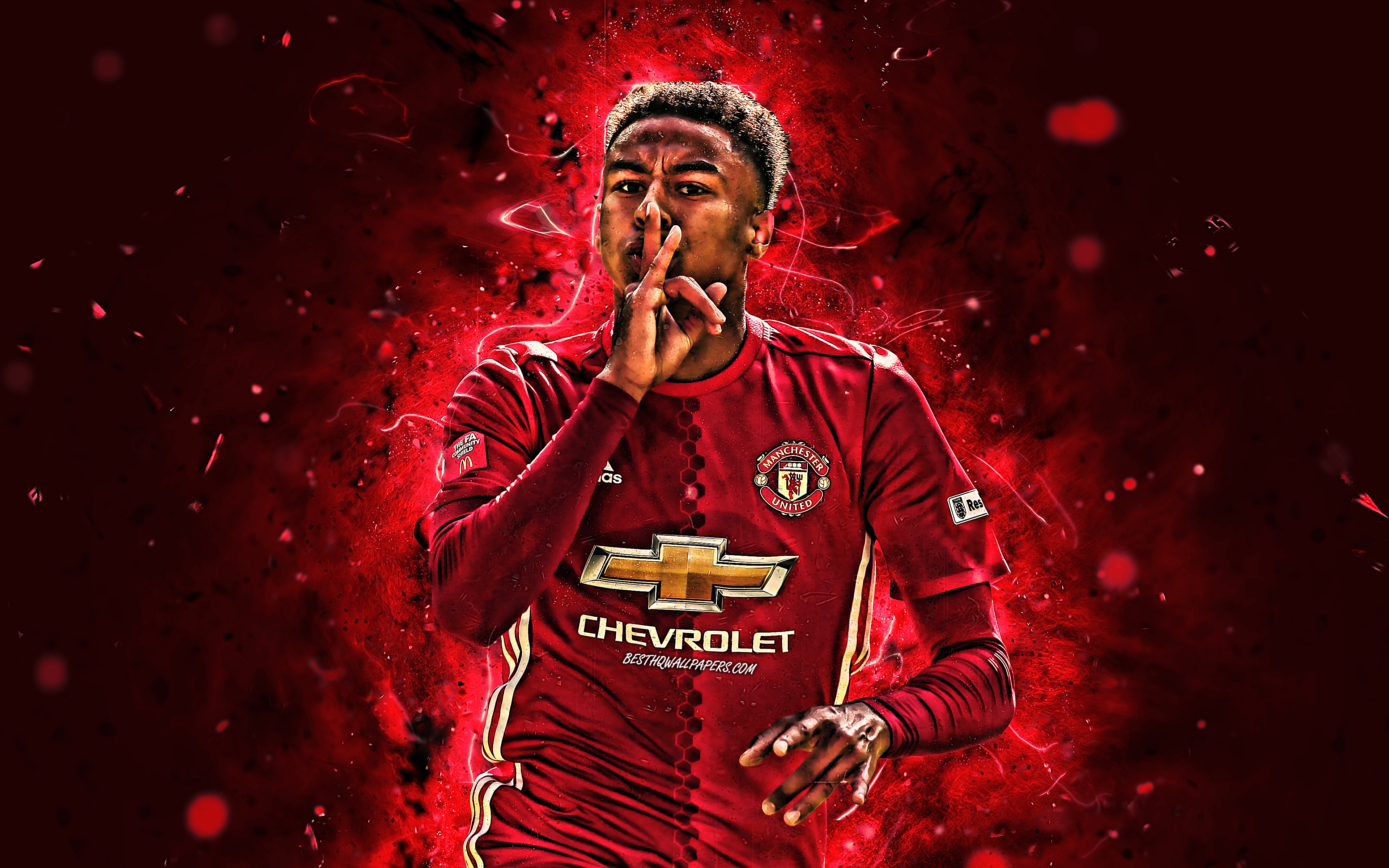 Download wallpaper 4k, Jesse Lingard, goal, Manchester United FC, english footballers, England, neon lights, Premier League, Lingard, soccer, fan art, football, Man United for desktop with resolution 3840x2400. High Quality HD picture
