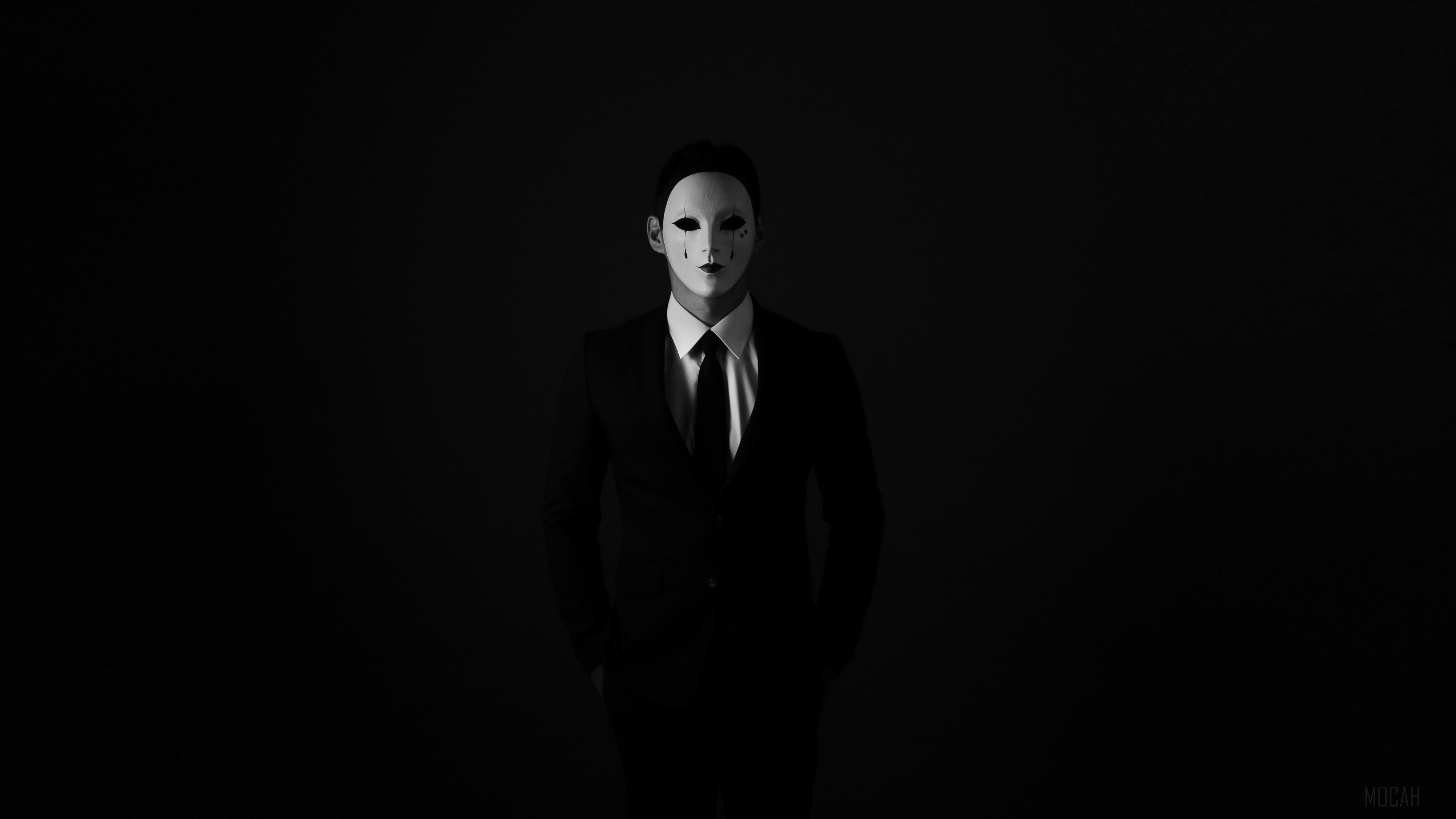 mask, anonymous, bw, tie, suit jacket, shirt 4k Gallery HD Wallpaper