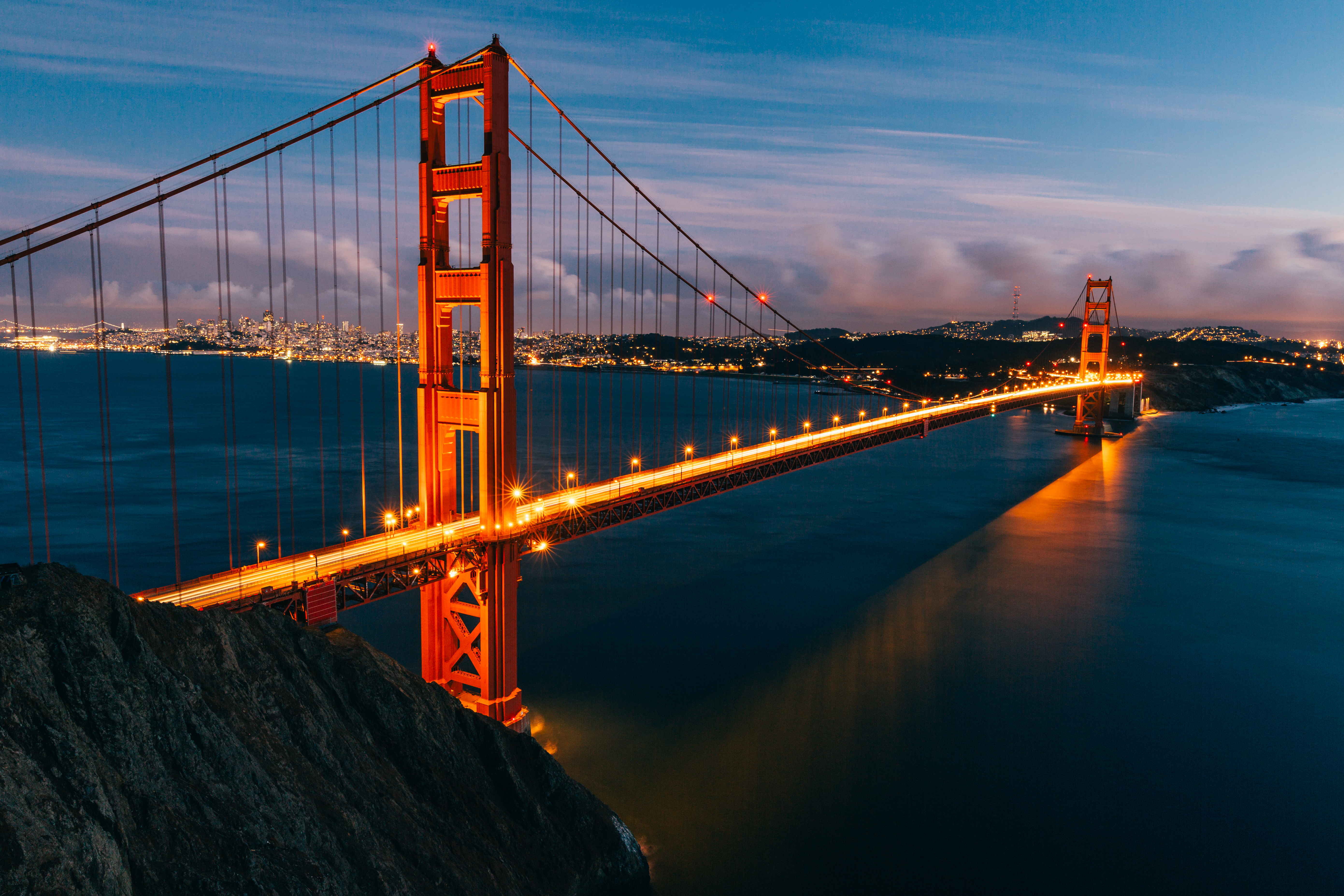 Golden Gate Bridge Wallpaper 4K, Lights, San Francisco, Evening