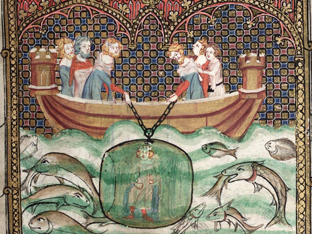 Alejandro descendiendo en un artefacto submarino. Miniatura del Roman d'Alexandre, Oxford, Bodleian Library. #Medieval. Arte edad media, Alejandro magno, Pinturas
