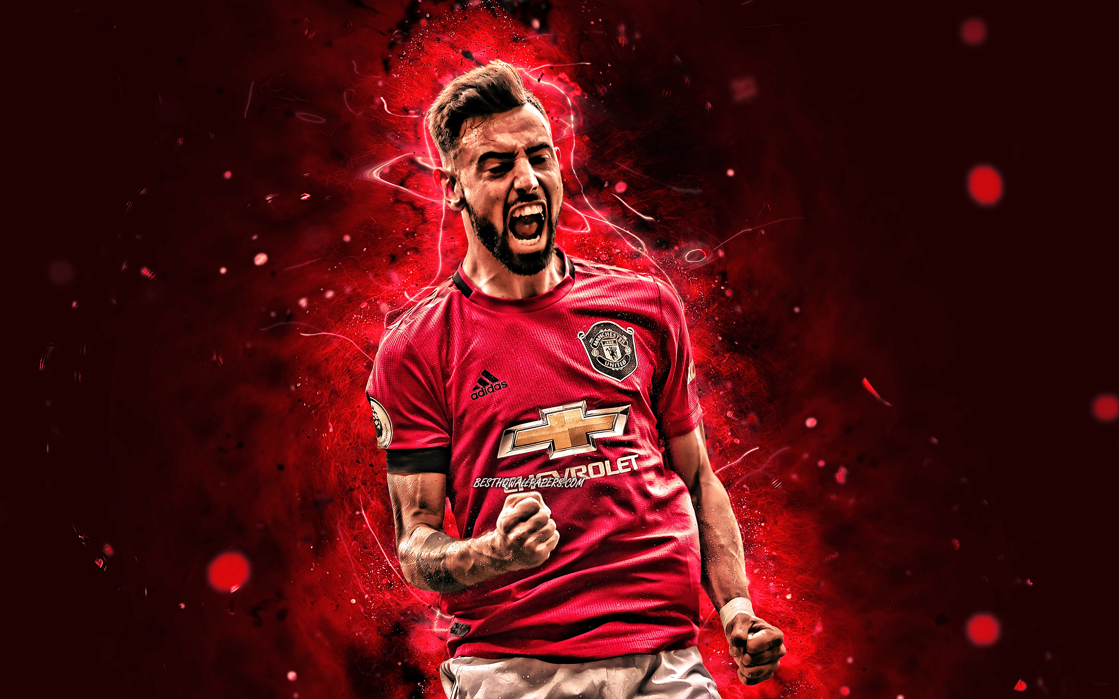 Download wallpaper Bruno Fernandes, 4k, goal, Manchester United FC, Premier League, portuguese footballers, Bruno Miguel Borges Fernandes, neon lights, soccer, football, Man United, Bruno Fernandes 4K for desktop with resolution 3840x2400. High