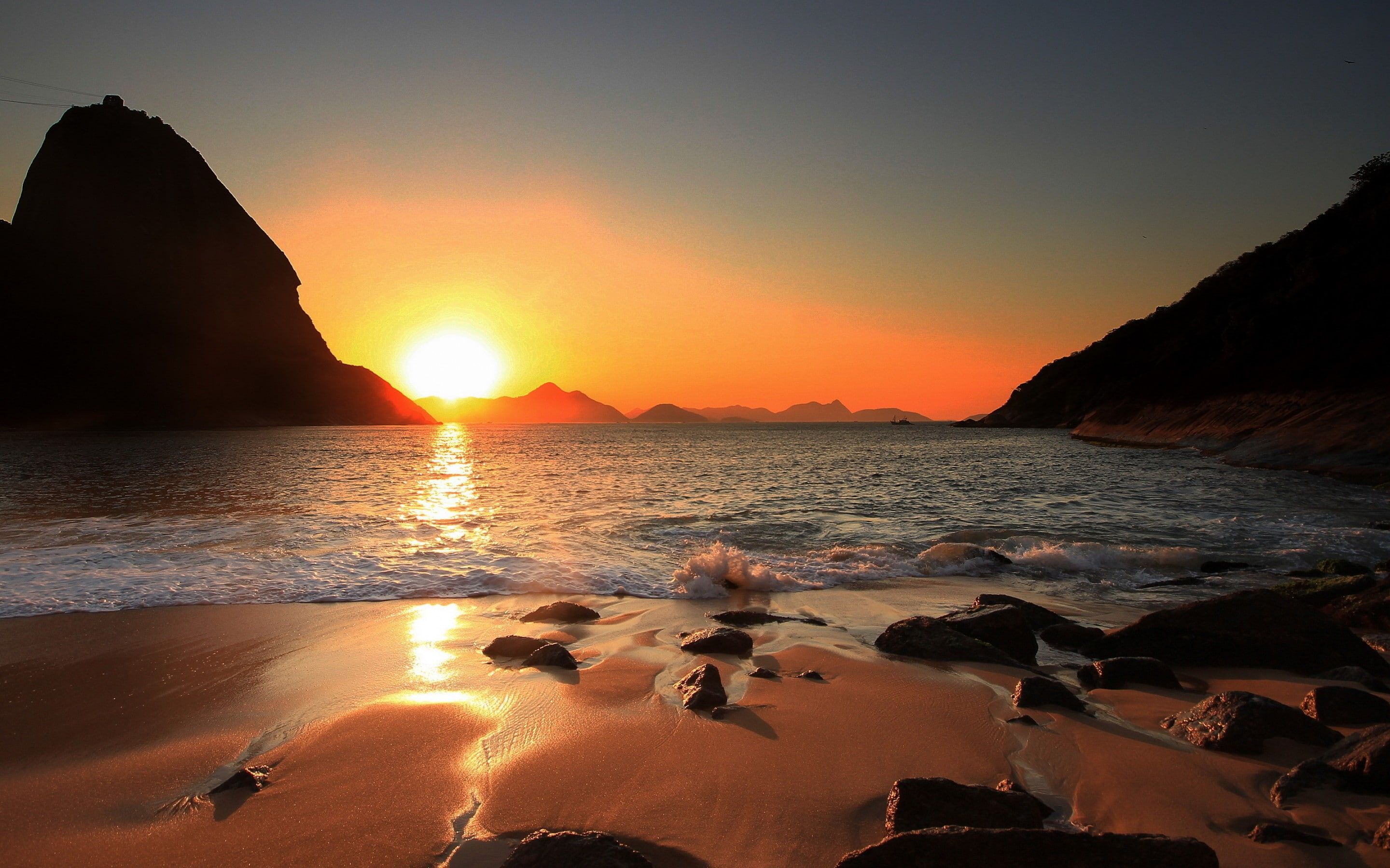 Brazil, Rio de Janeiro beach, seashore and sunrise view the sun the rocks the beach Rio de Janeiro #Brazil K #wallpa. Rio de janeiro beach, Beach wallpaper, Rio