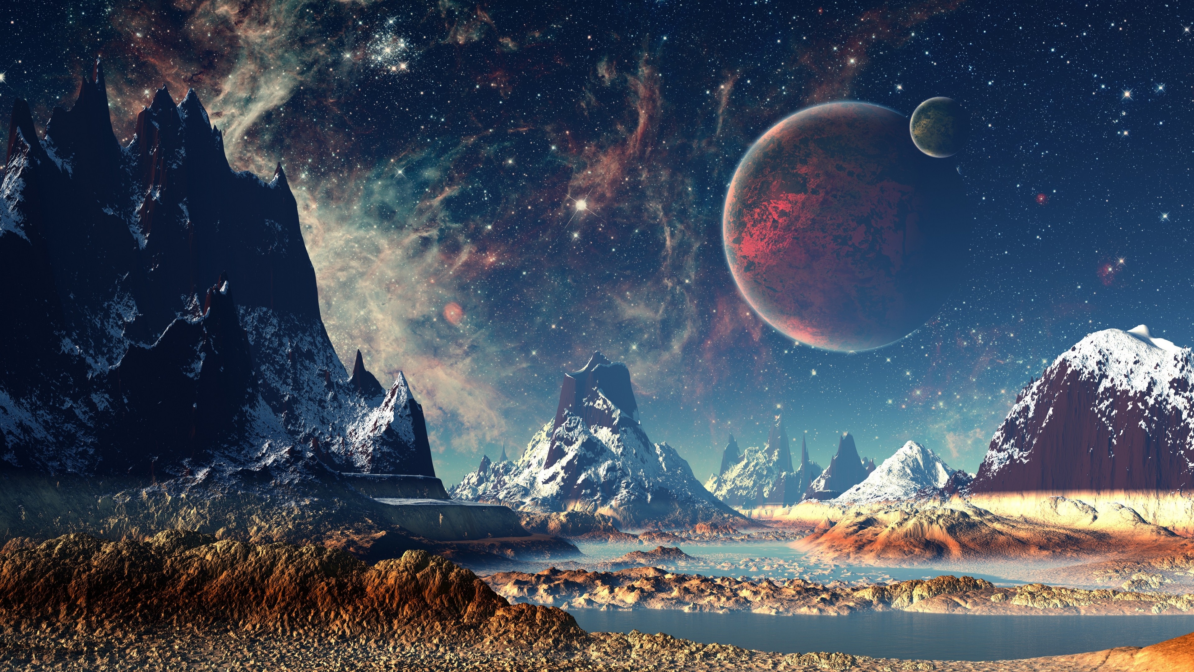 Wallpaper 4k Mountains Stars Space Planets Digital Art Artwork 4k Wallpaper