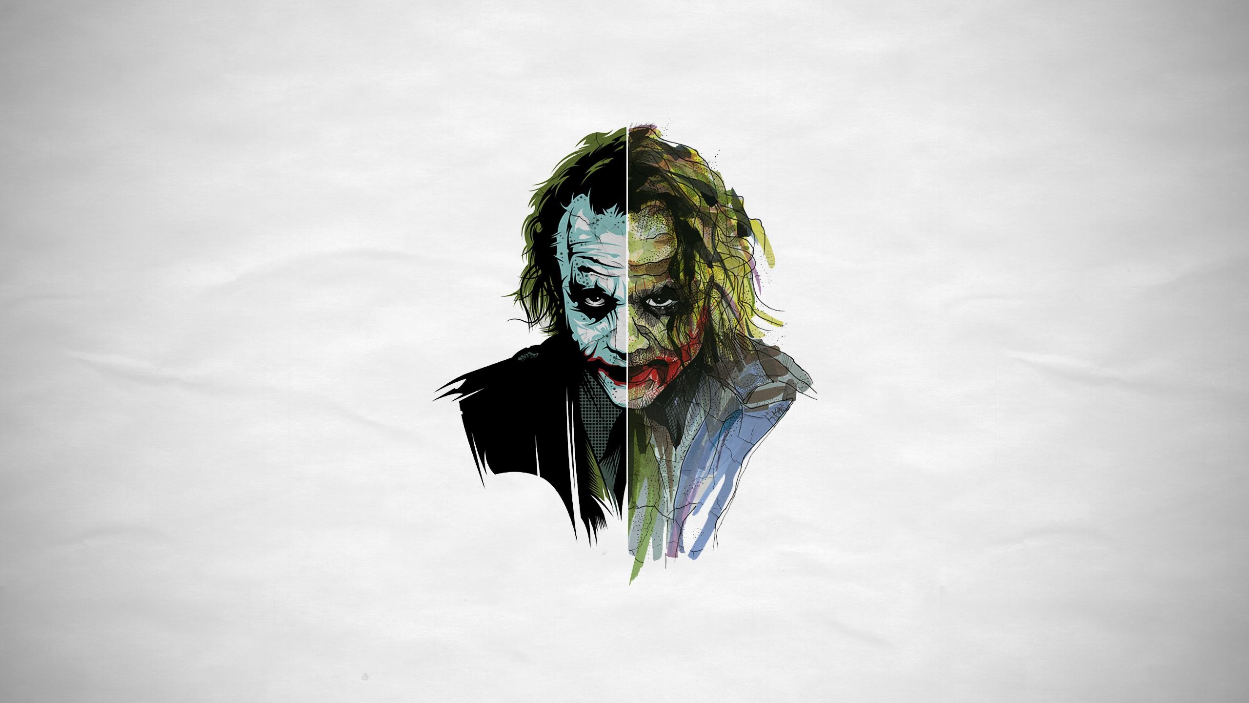 Wallpaper, face, drawing, white, black, illustration, Joker, green, clothing, ART, color, costume, sketch, fictional character 2560x1440