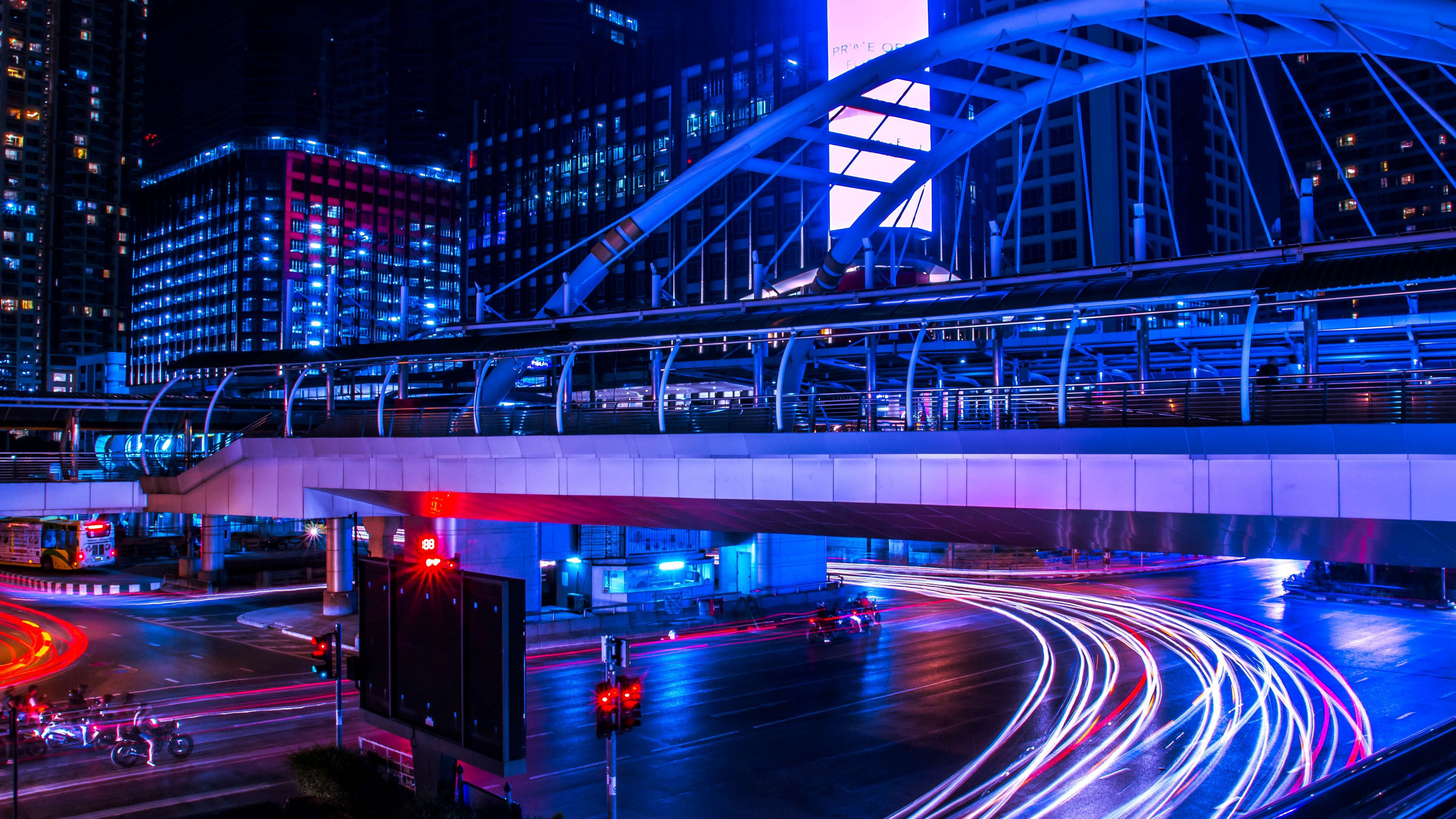 Download wallpaper 3840x2160 night city, bridge, city lights, long exposure, bangkok, thailand 4k uhd 16:9 HD background