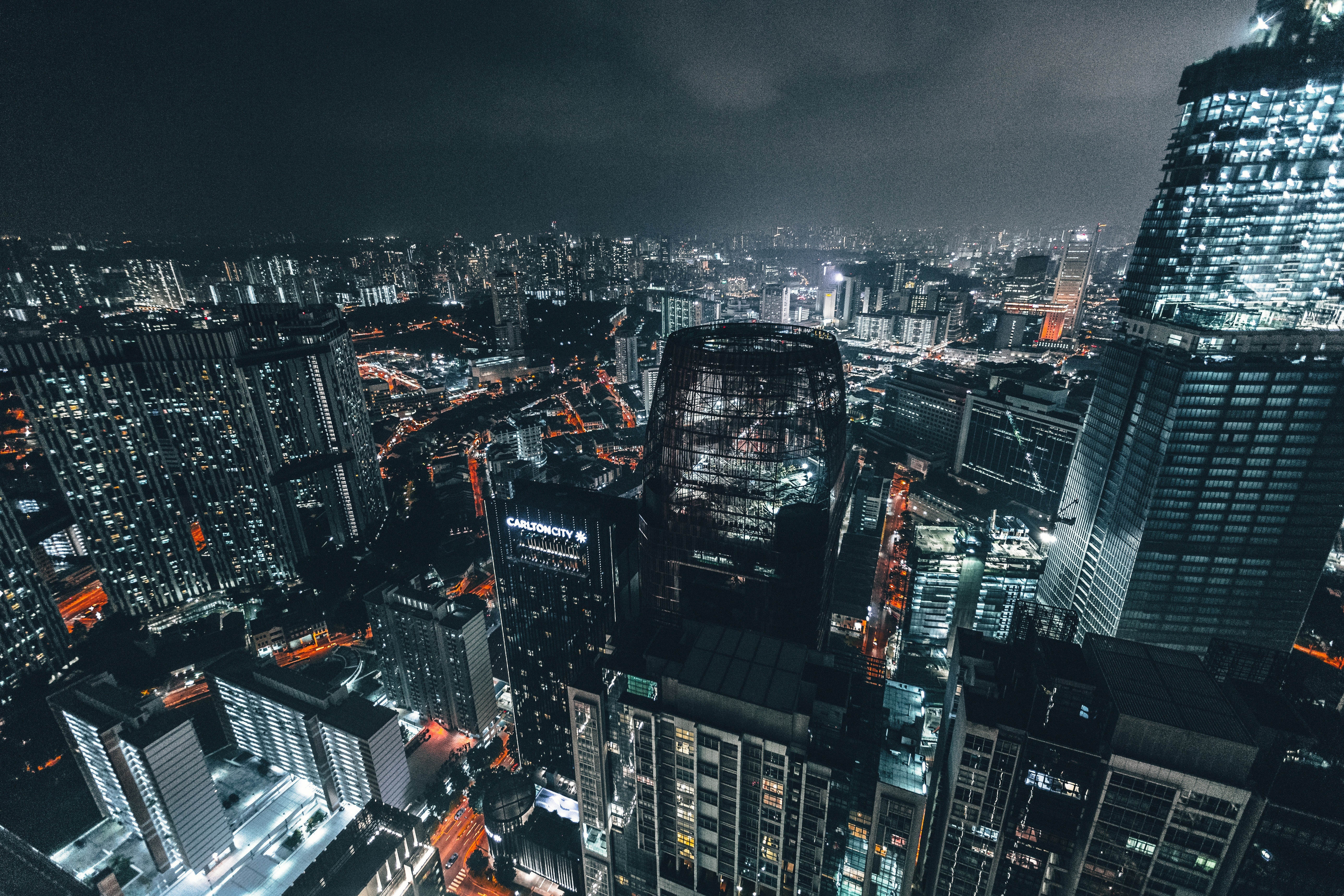 Wallpaper, skyscrapers, night, top view, city lights, metropolis 5154x3436
