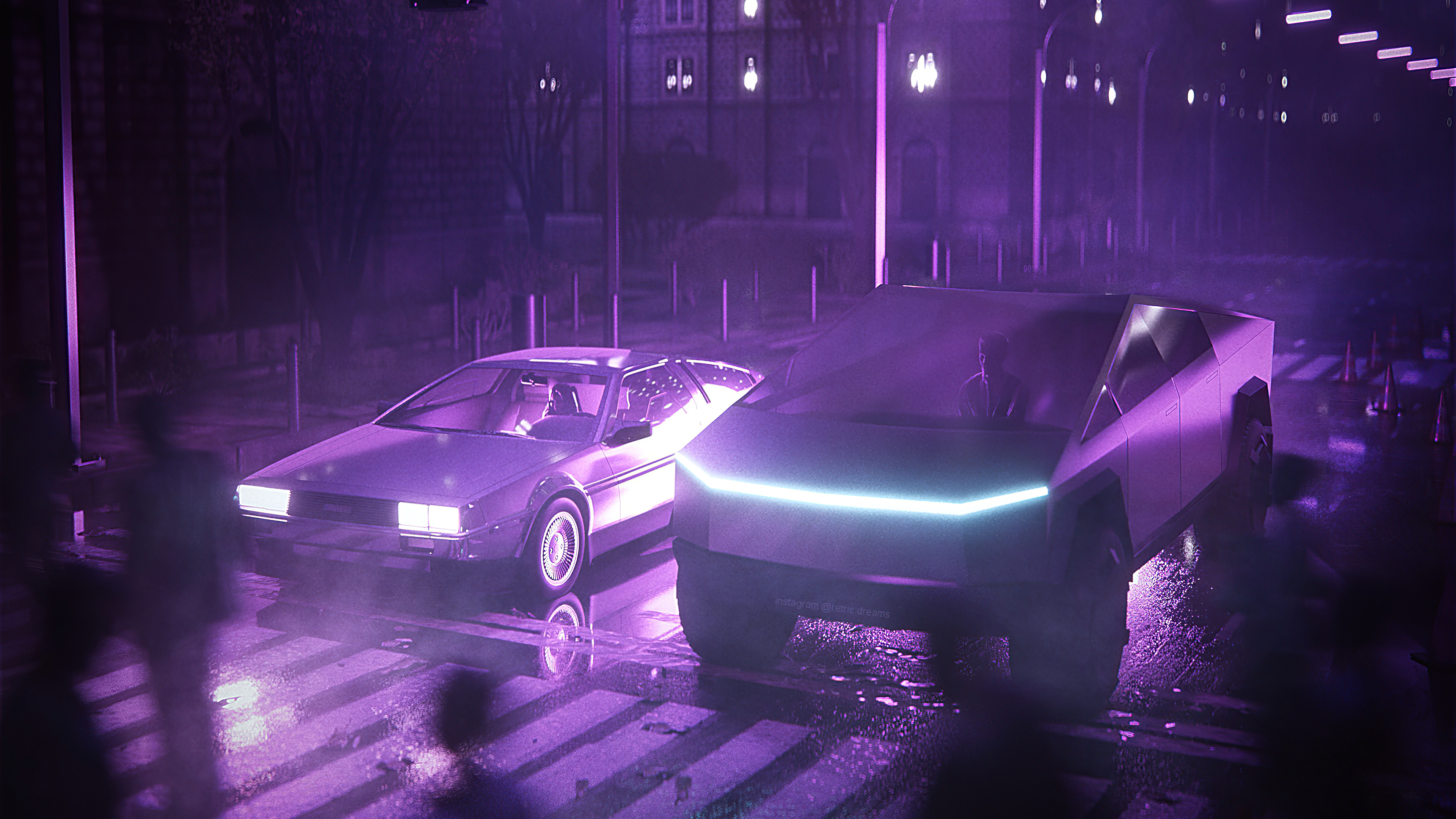 Wallpaper 4k Tesla Cybertruck And Delorean Synthwave 4k Wallpaper