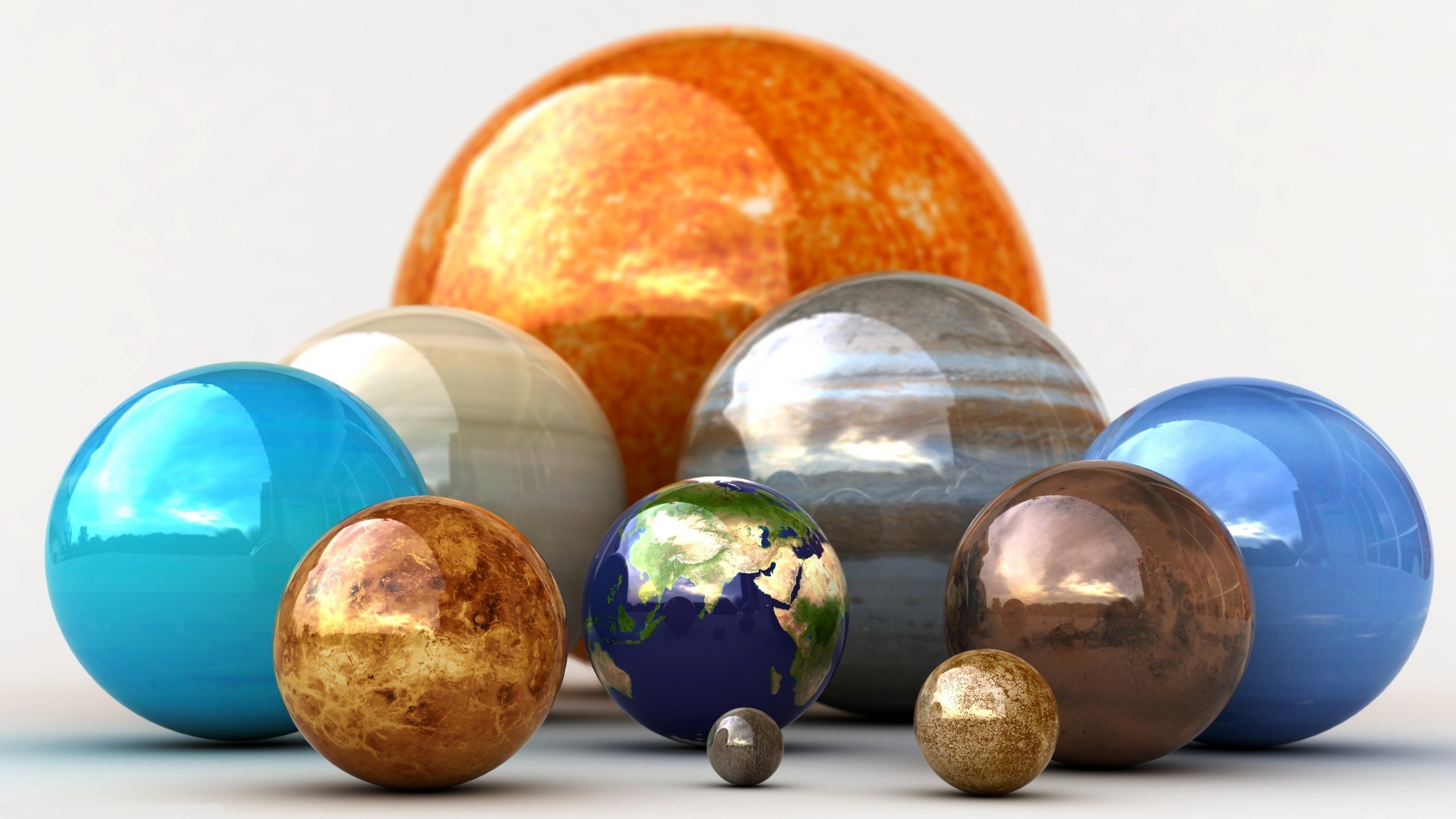 Wallpaper, 2560x1440 px, digital art, Earth, globes, Moon, planet, reflection, simple background, space, sphere, Sun 2560x1440