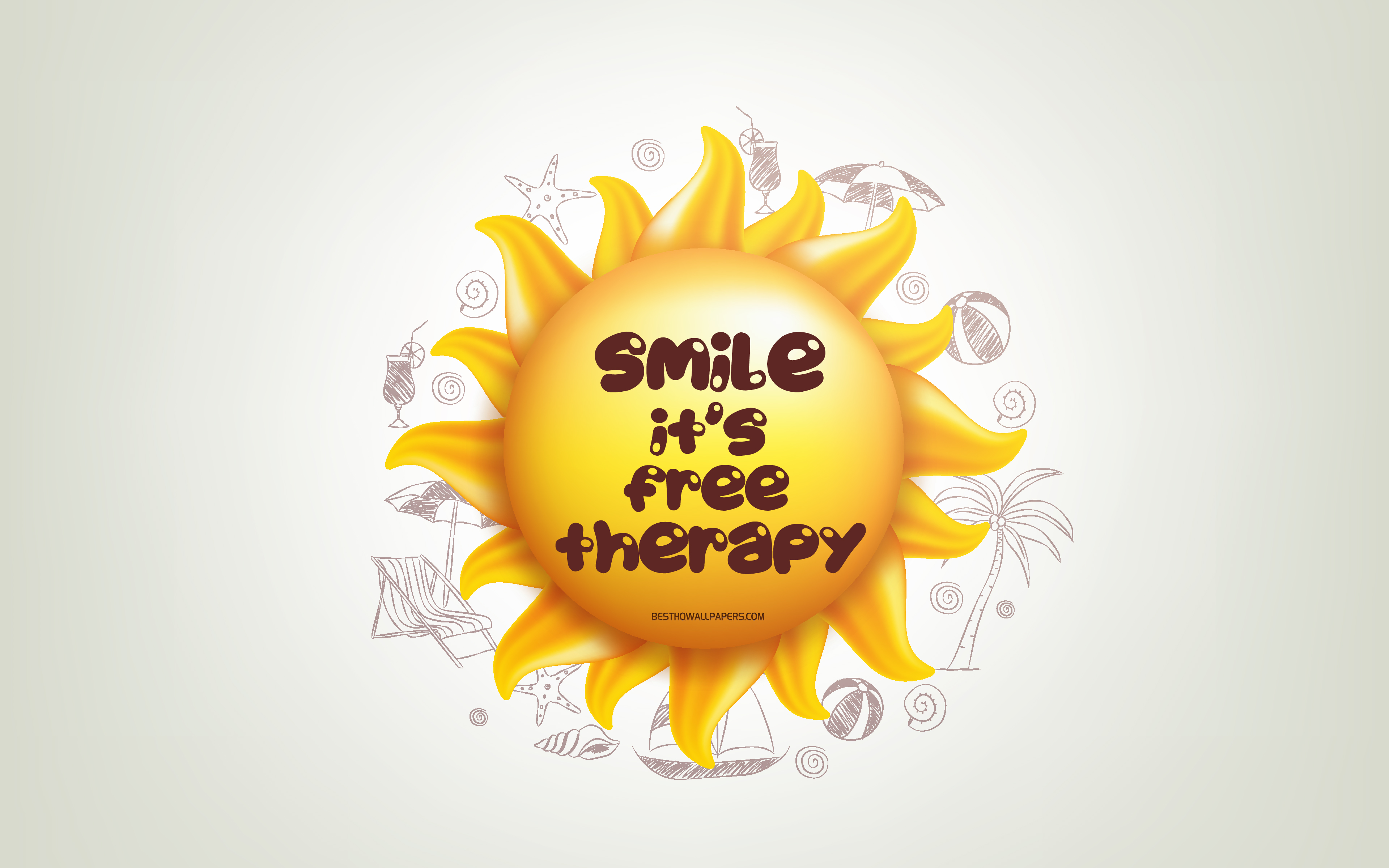 Download wallpaper Smile its free therapy, 4k, 3D sun, positive quotes, 3D art, creative art, wish for a day, quotes about Smile, motivation quotes for desktop with resolution 3840x2400. High Quality HD