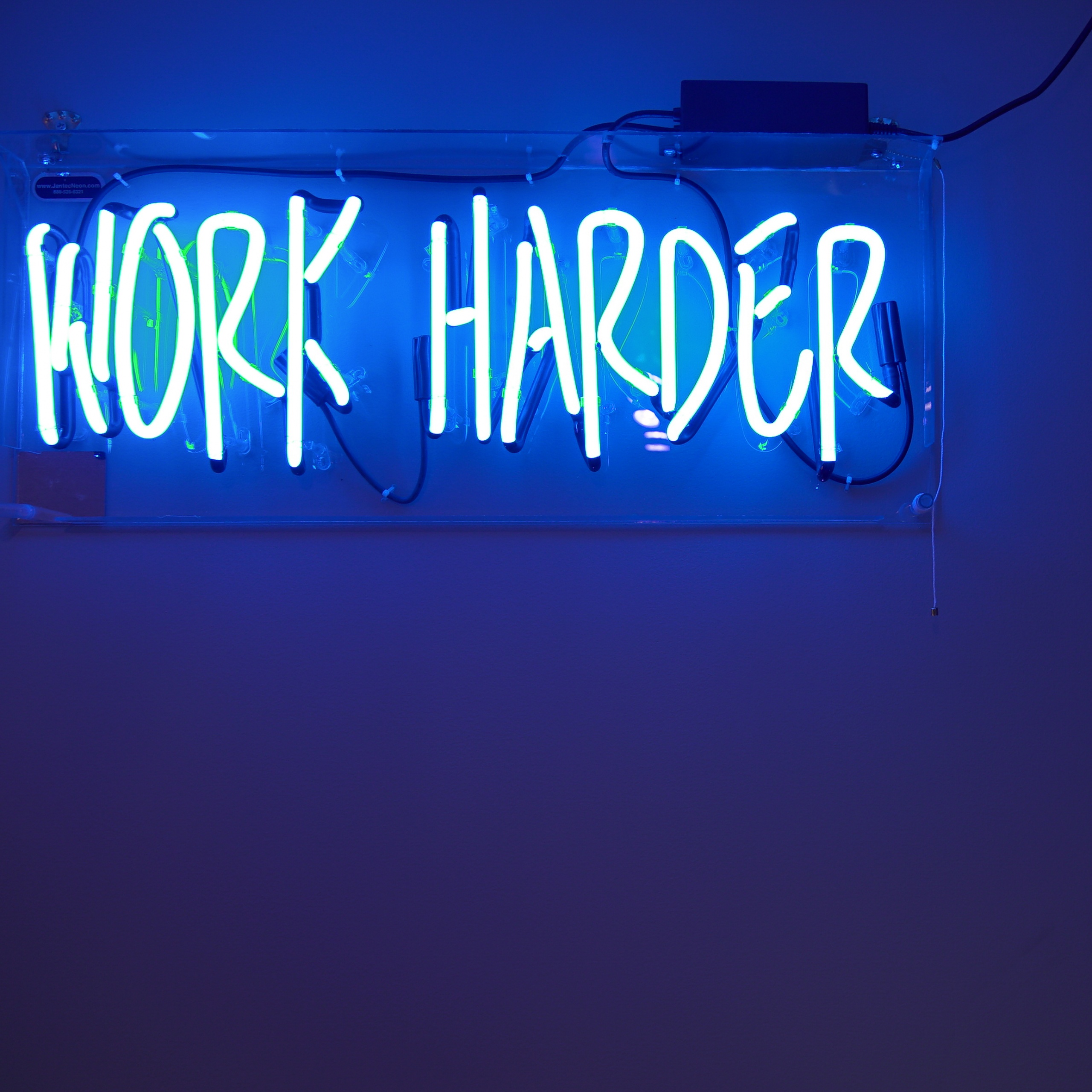 Work harder Wallpaper 4K, Neon Lights, Blue background