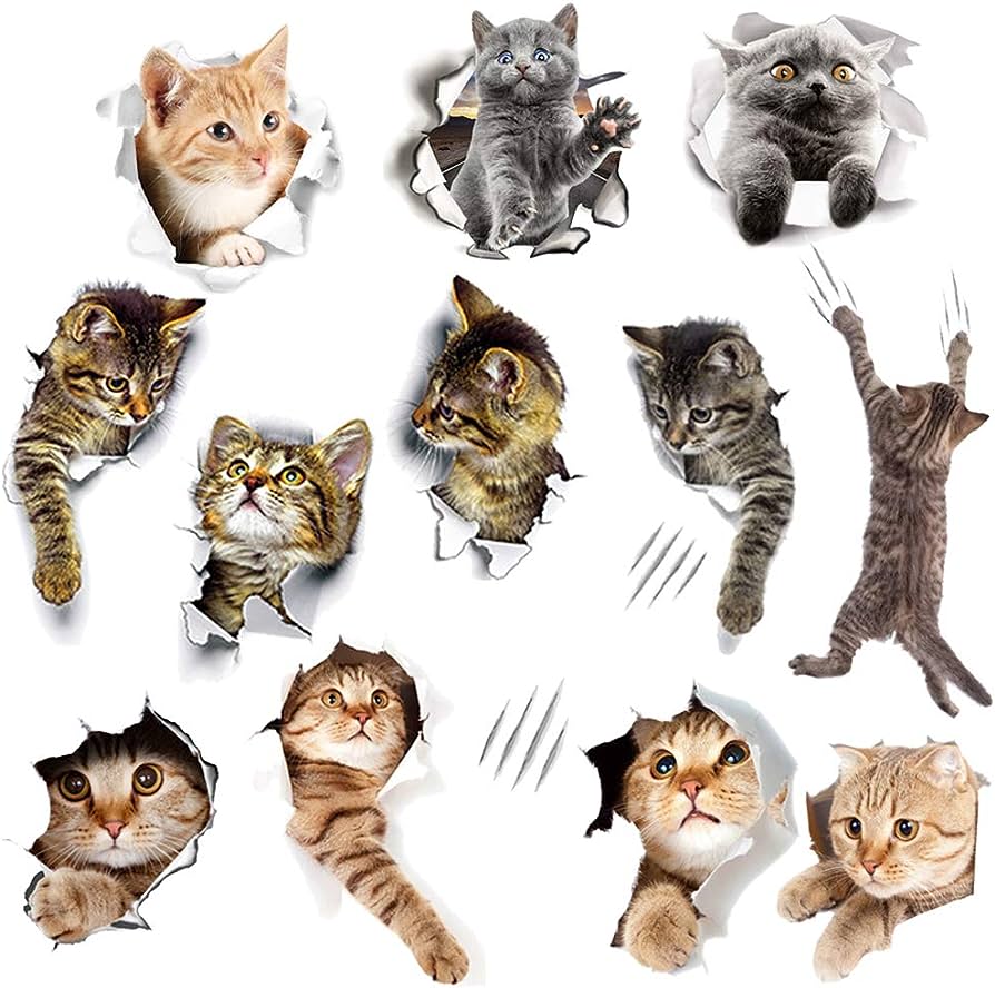 WMdecal 12PCS Removable 3D Cartoon Animal Cats Vinyl Wall Stickers Easy to Peel and Stick Cute Cat Wallpaper Murals for Nursery Room Toilet Kitchen Offices