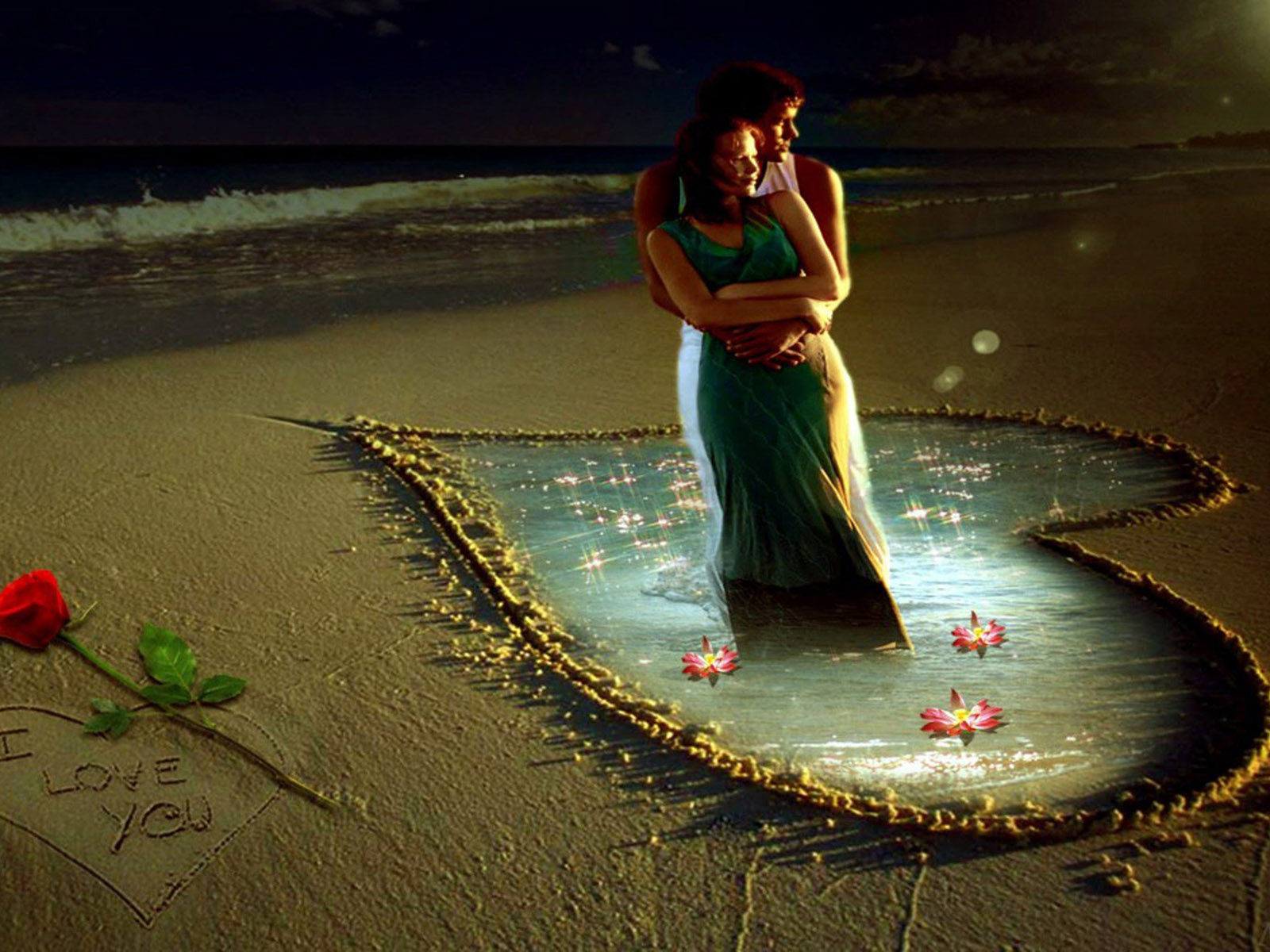 Boy and Girl in Embrace Beach Rose Heart in Sand You Love HD Wallpaper, Wallpaper13.com