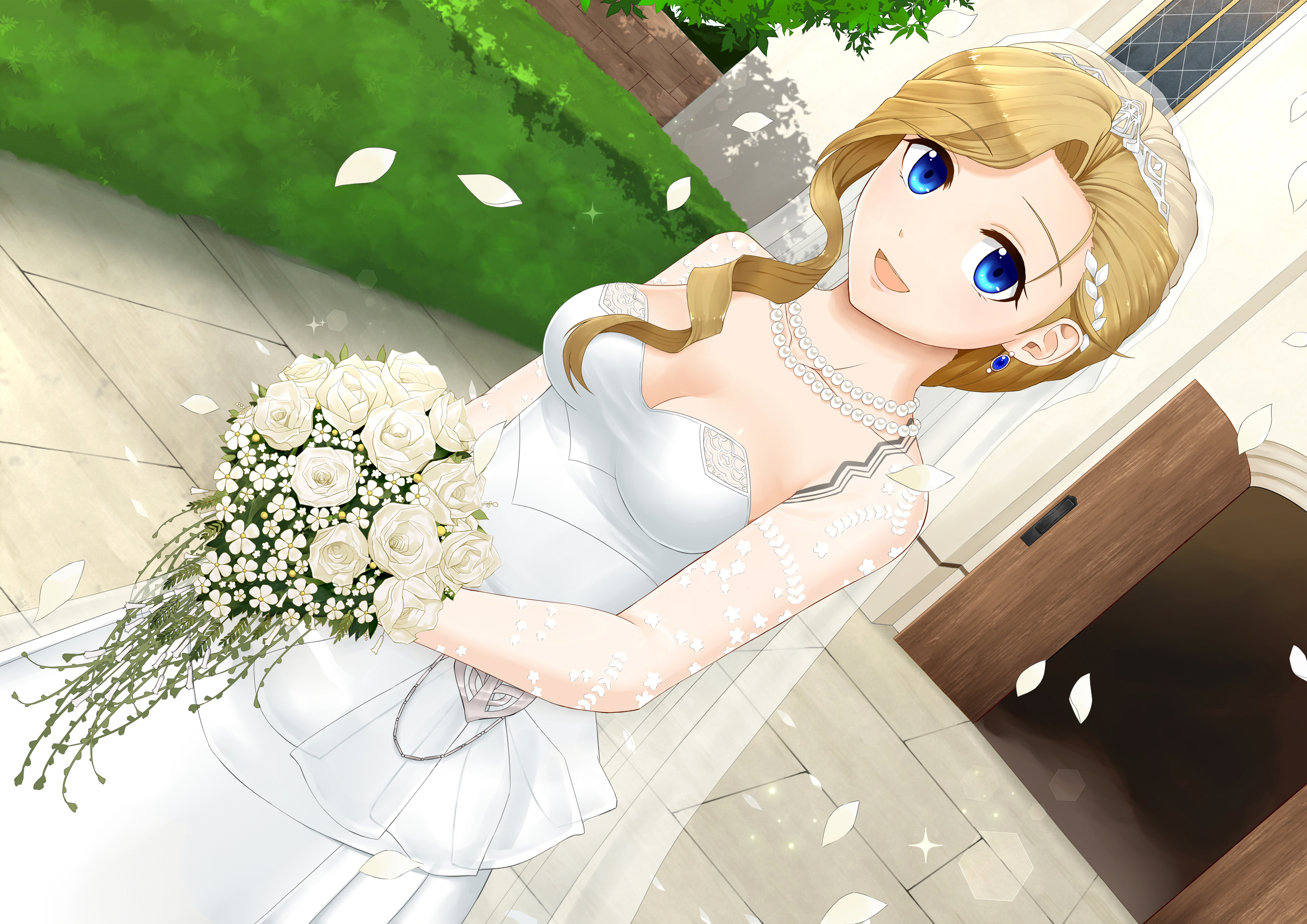 Anime girl in a white wedding dress with a bouquet Desktop wallpaper 1440x900