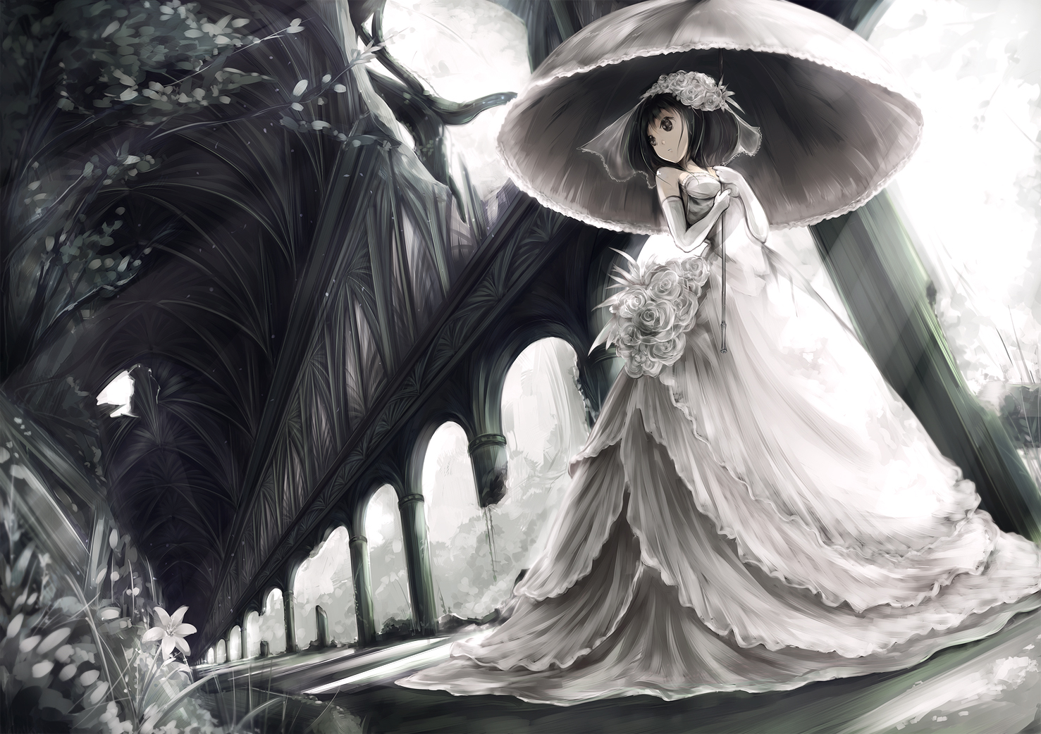 HD desktop wallpaper: Anime, Fantasy, Flower, Umbrella, Ruin, Bride, Original, Black Hair, Short Hair, White Dress, Black Eyes download free picture