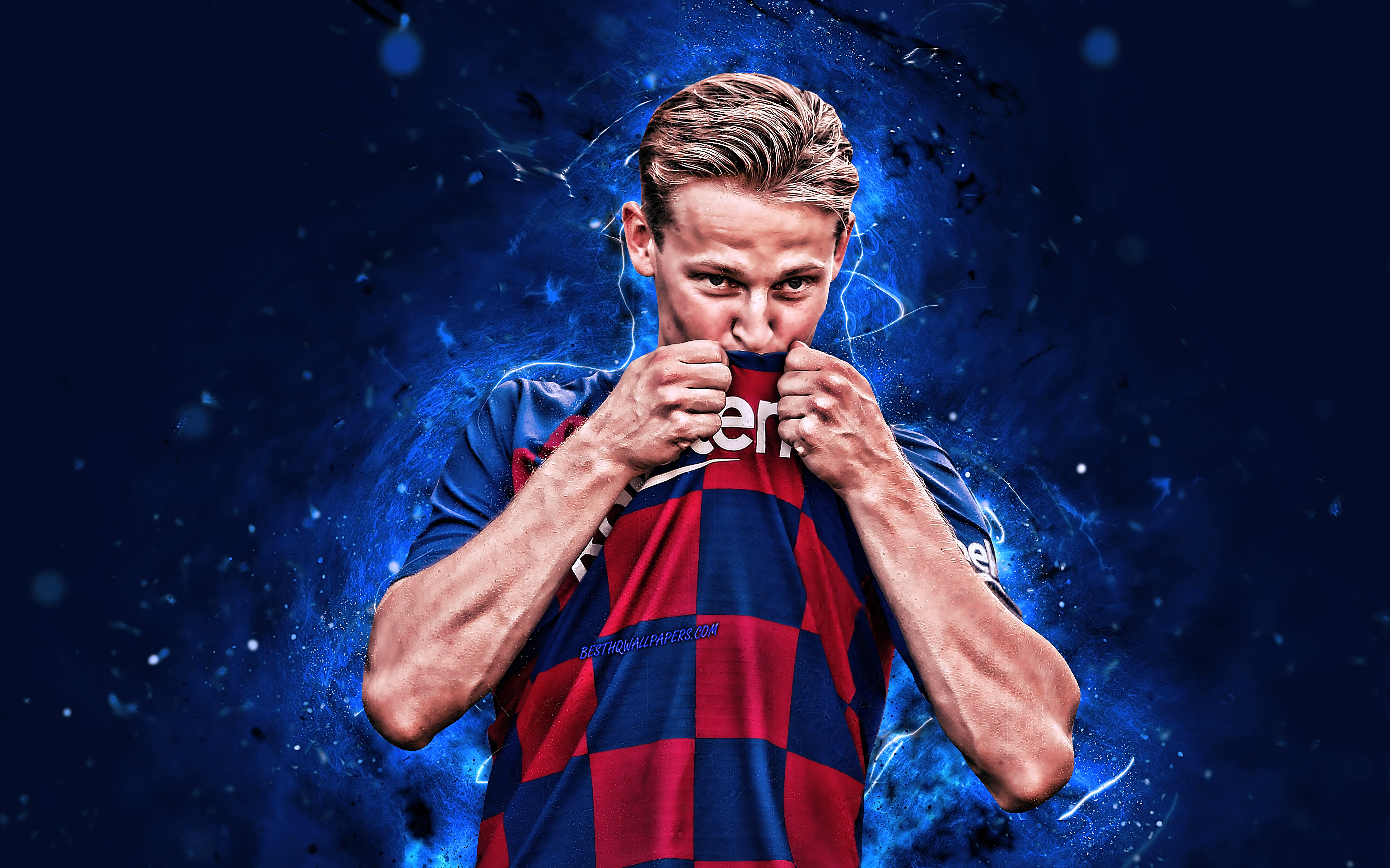 Download wallpaper 4k, Frenkie de Jong, Barcelona FC, 2019, dutch footballers, LaLiga, Midfielder, Barca, De Jong, La Liga, Spain, FCB, football, neon lights, soccer, Frenkie de Jong 4K for desktop with resolution