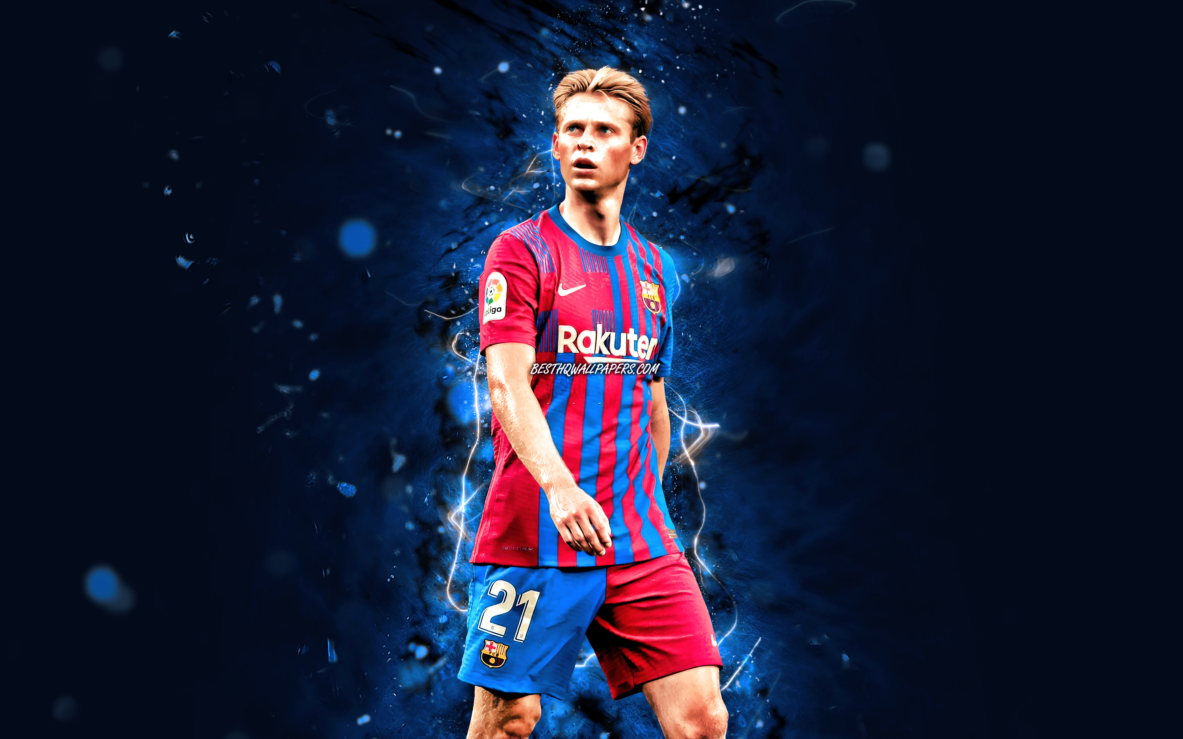 Download wallpaper Frenkie de Jong, 4k, FC Barcelona, 2021, dutch footballers, LaLiga, Barca, Barcelona FC, football, Frenkie de Jong 4K, blue neon lights, soccer, Frenkie de Jong Barcelona, La Liga, FCB for