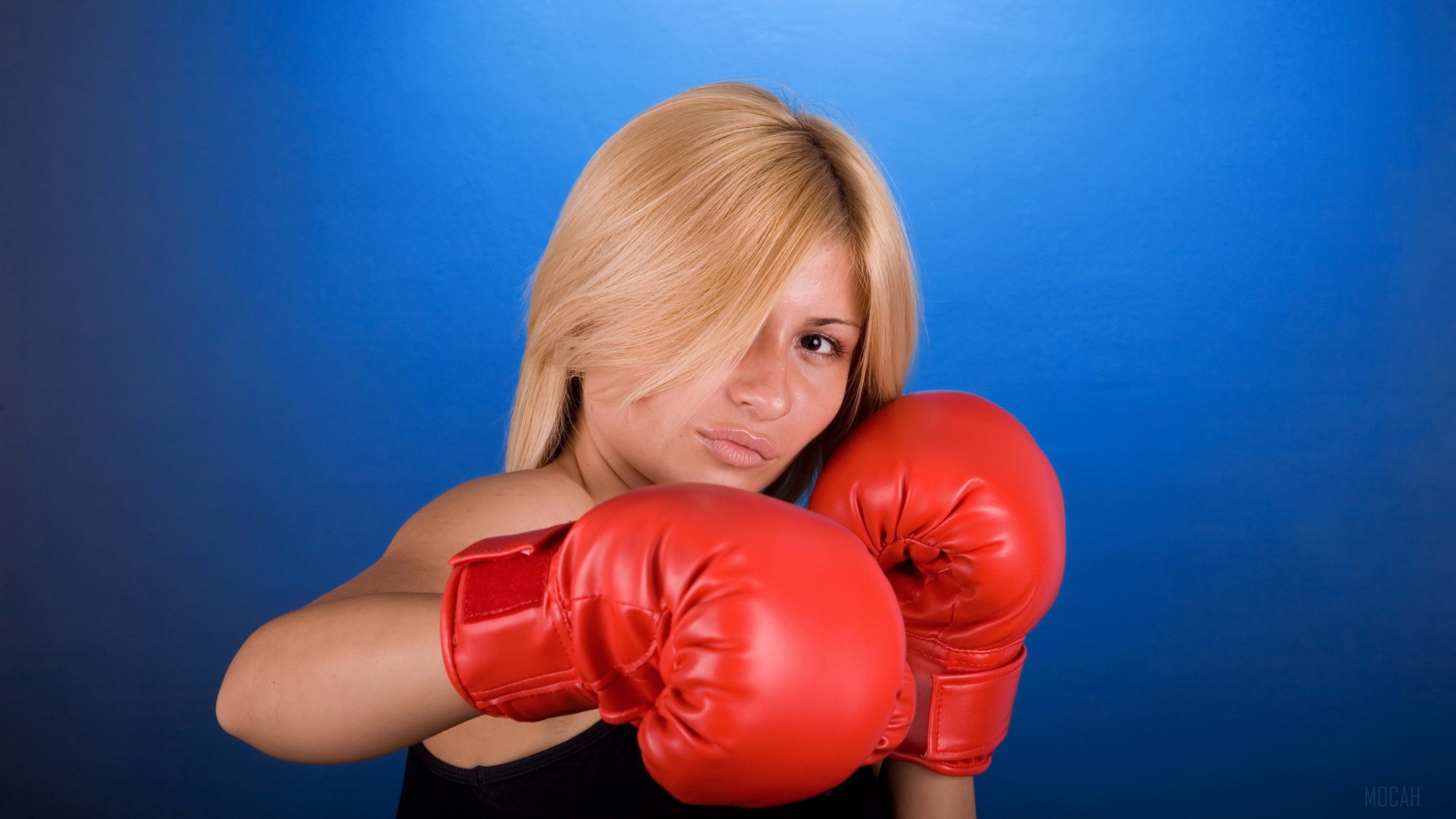 boxing, girl, blue background 4k Gallery HD Wallpaper