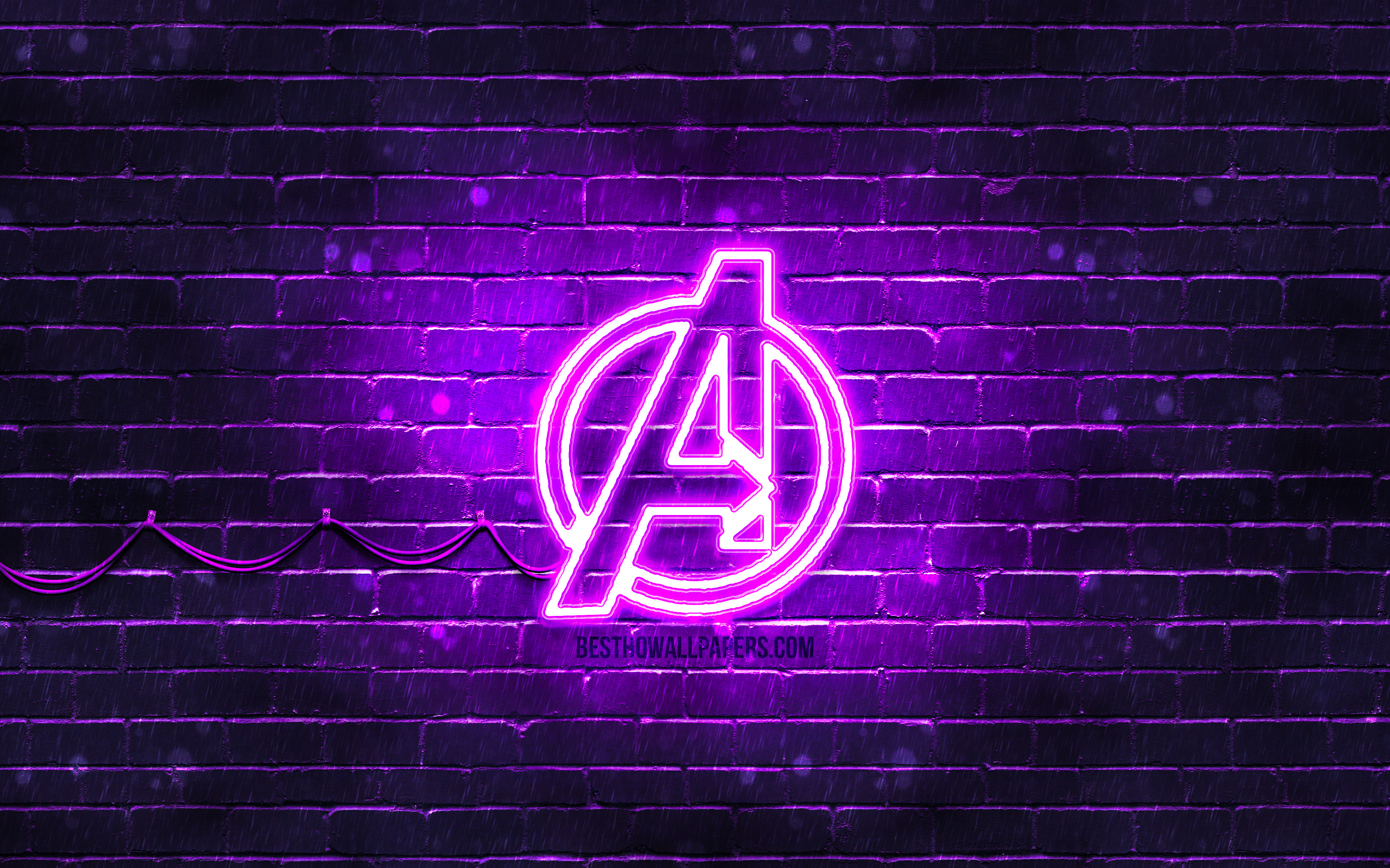 Download wallpaper Avengers violet logo, 4k, violet brickwall, Avengers logo, superheroes, Avengers neon logo, Avengers for desktop with resolution 3840x2400. High Quality HD picture wallpaper