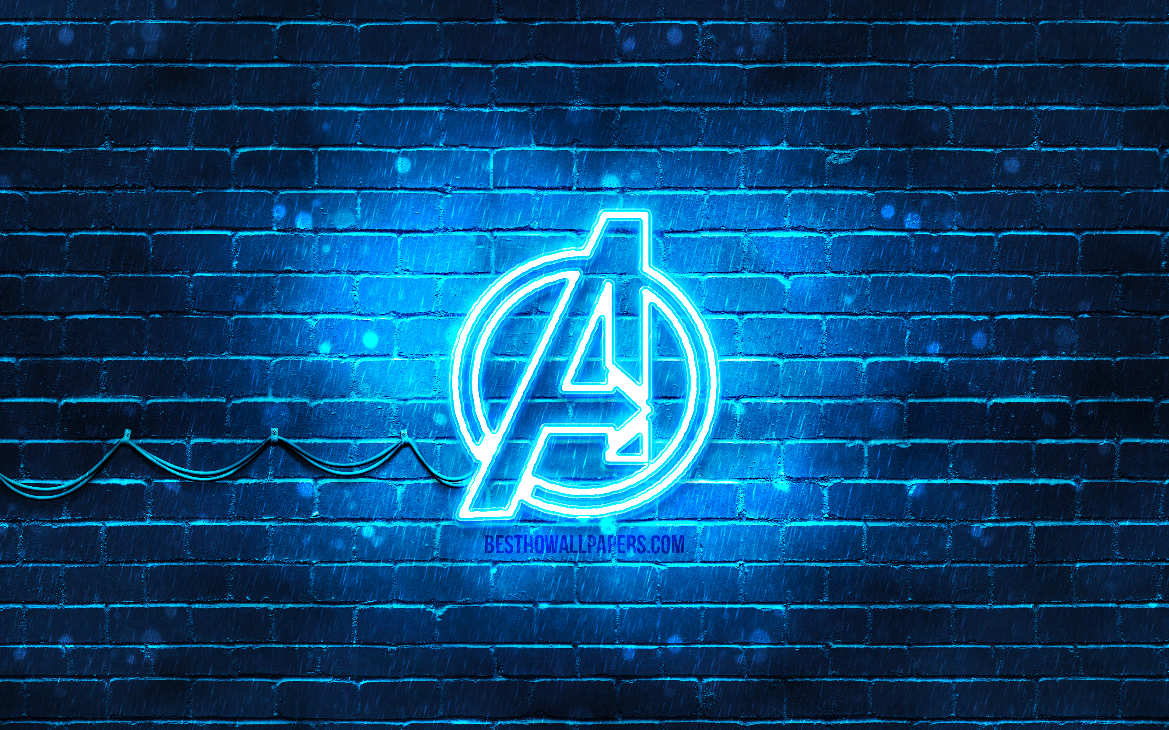 Download wallpaper Avengers blue logo, 4k, blue brickwall, Avengers logo, superheroes, Avengers neon logo, Avengers for desktop with resolution 3840x2400. High Quality HD picture wallpaper